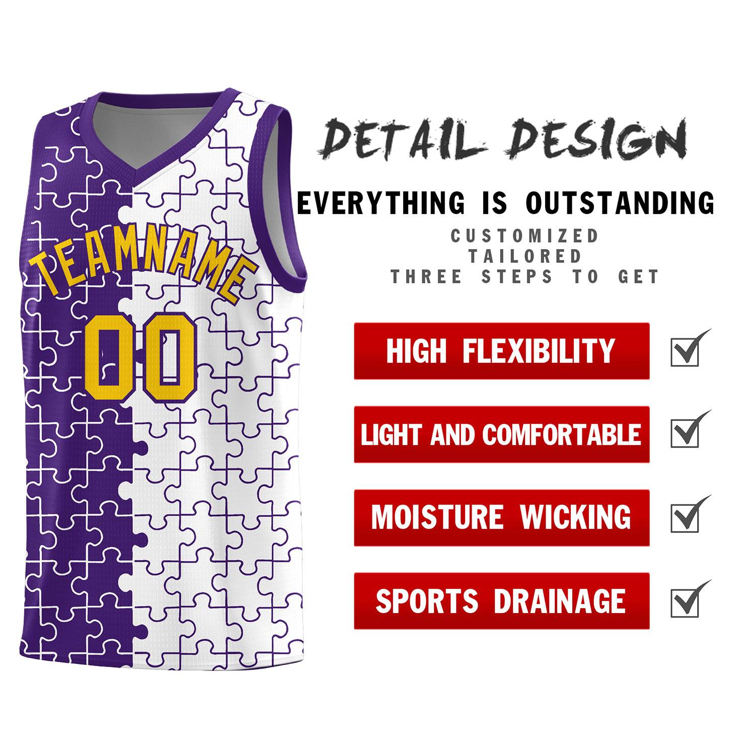 Custom Youth Basketball Jersey Purple White Puzzle Pattern Add Name, Number & Team Logo