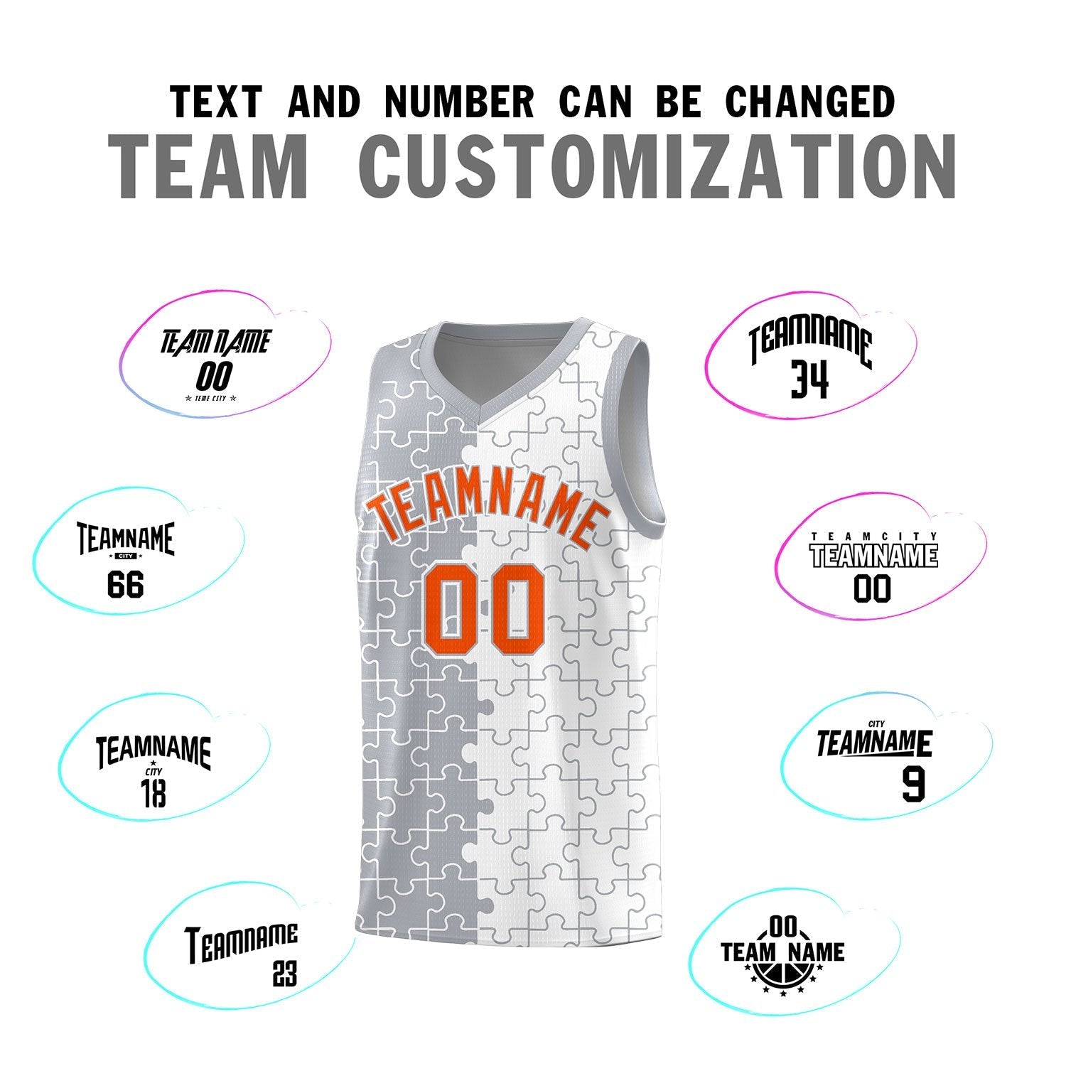 Custom Youth Basketball Jersey Gray White Puzzle Pattern Breathable Team Uniform
