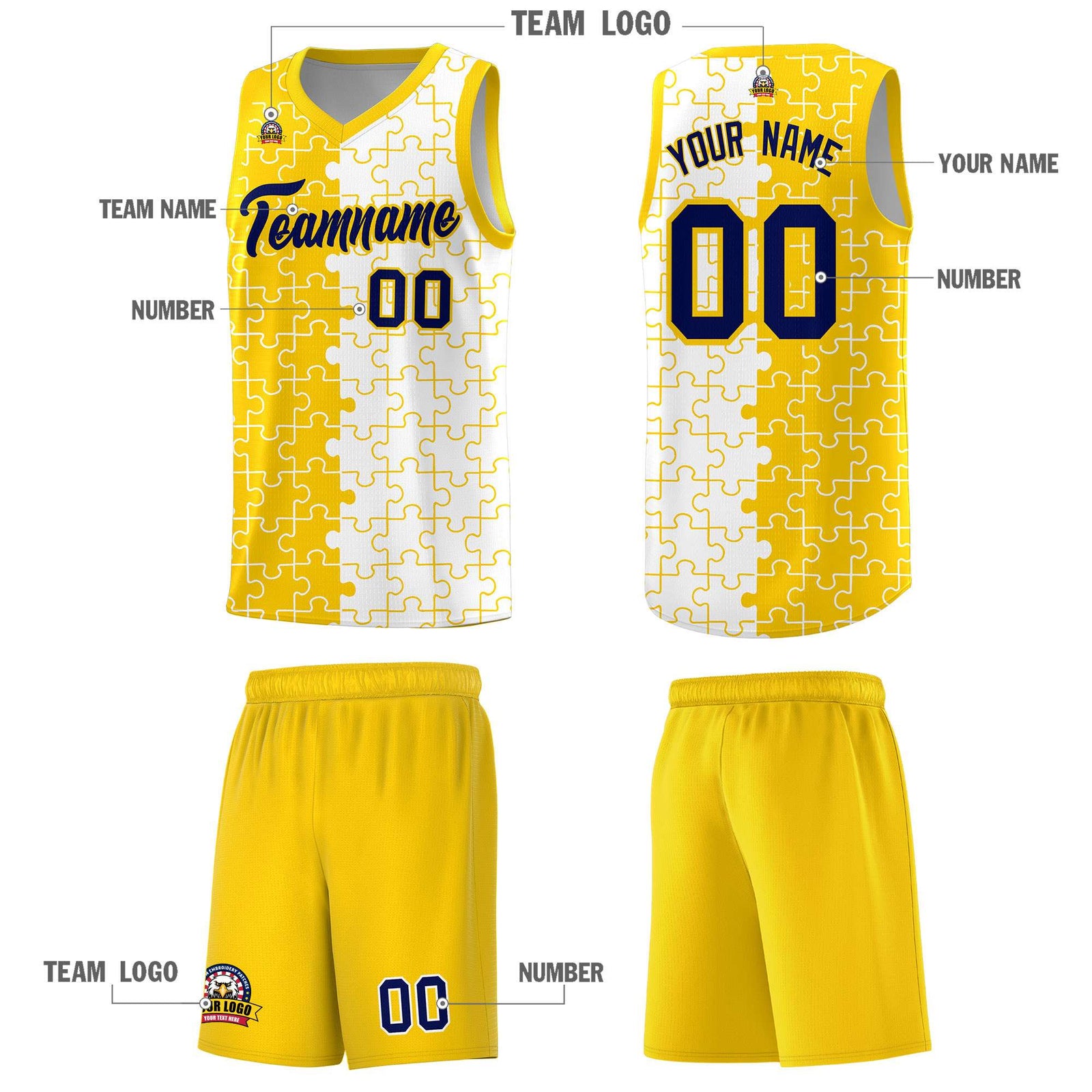 Custom Youth Basketball Jersey Gold White Puzzle Pattern Add Name, Number & Team Logo