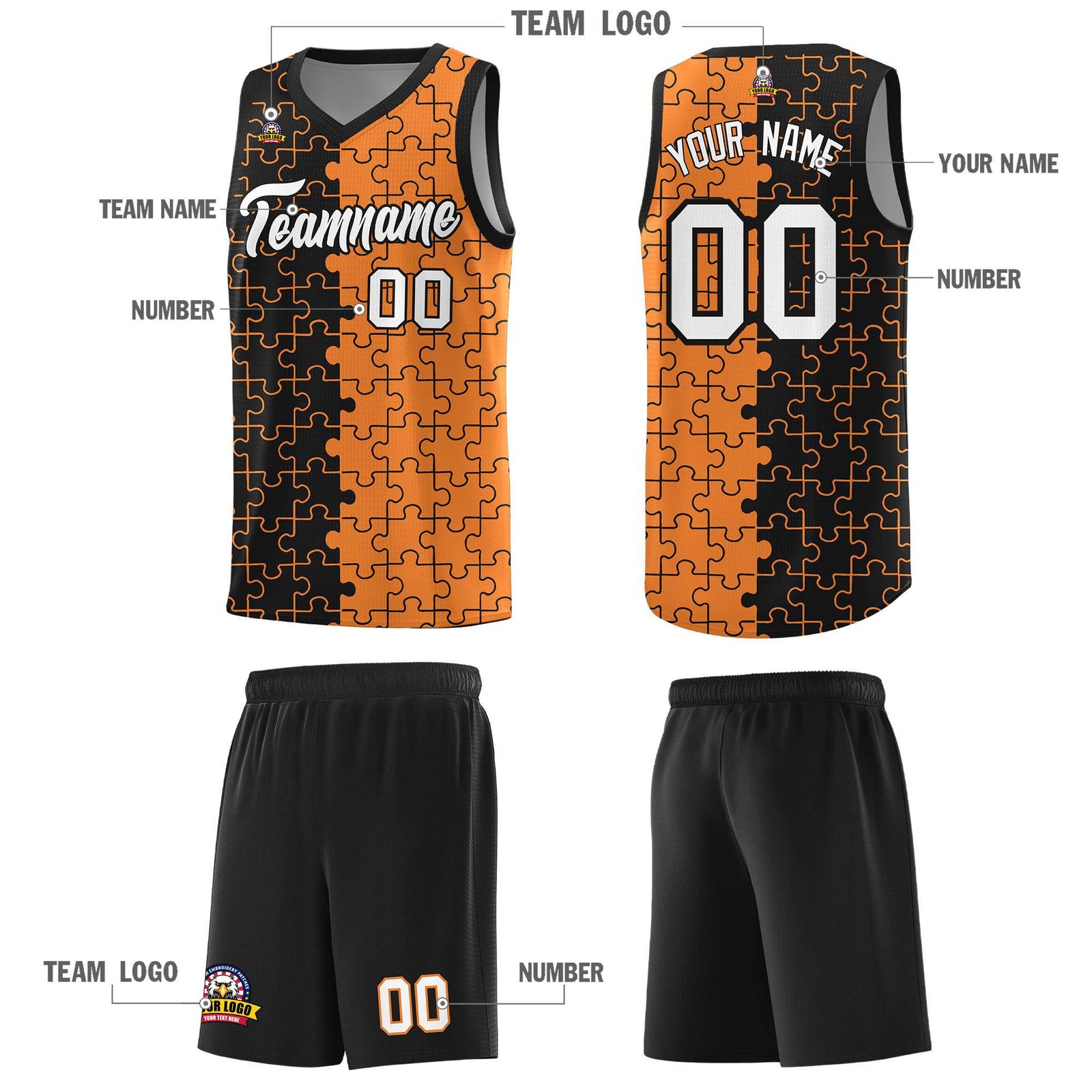 Custom Youth Basketball Jersey Black Gold Orange Puzzle Pattern Add Name, Number & Team Logo