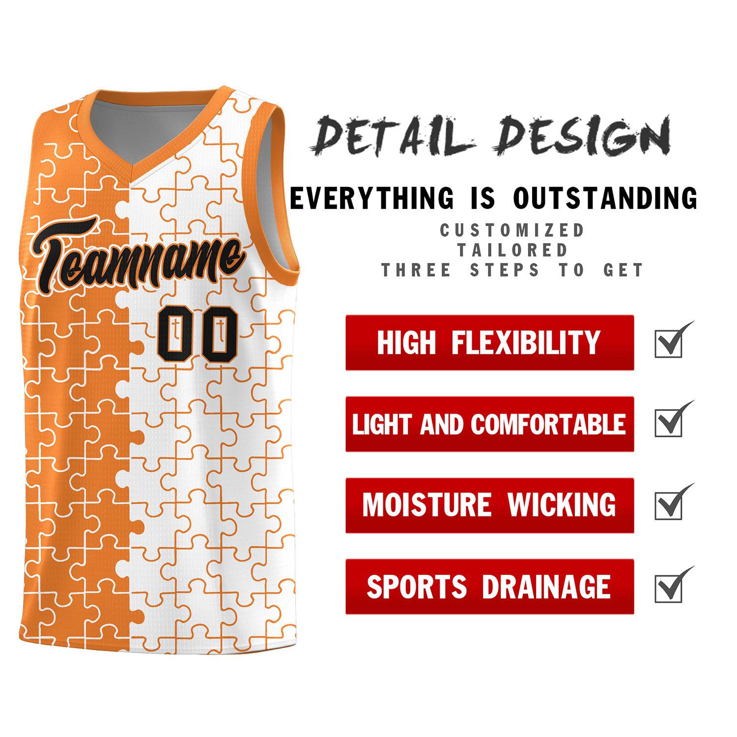 Custom Youth Basketball Jersey Gold Orange White Puzzle Pattern Breathable Team Uniform