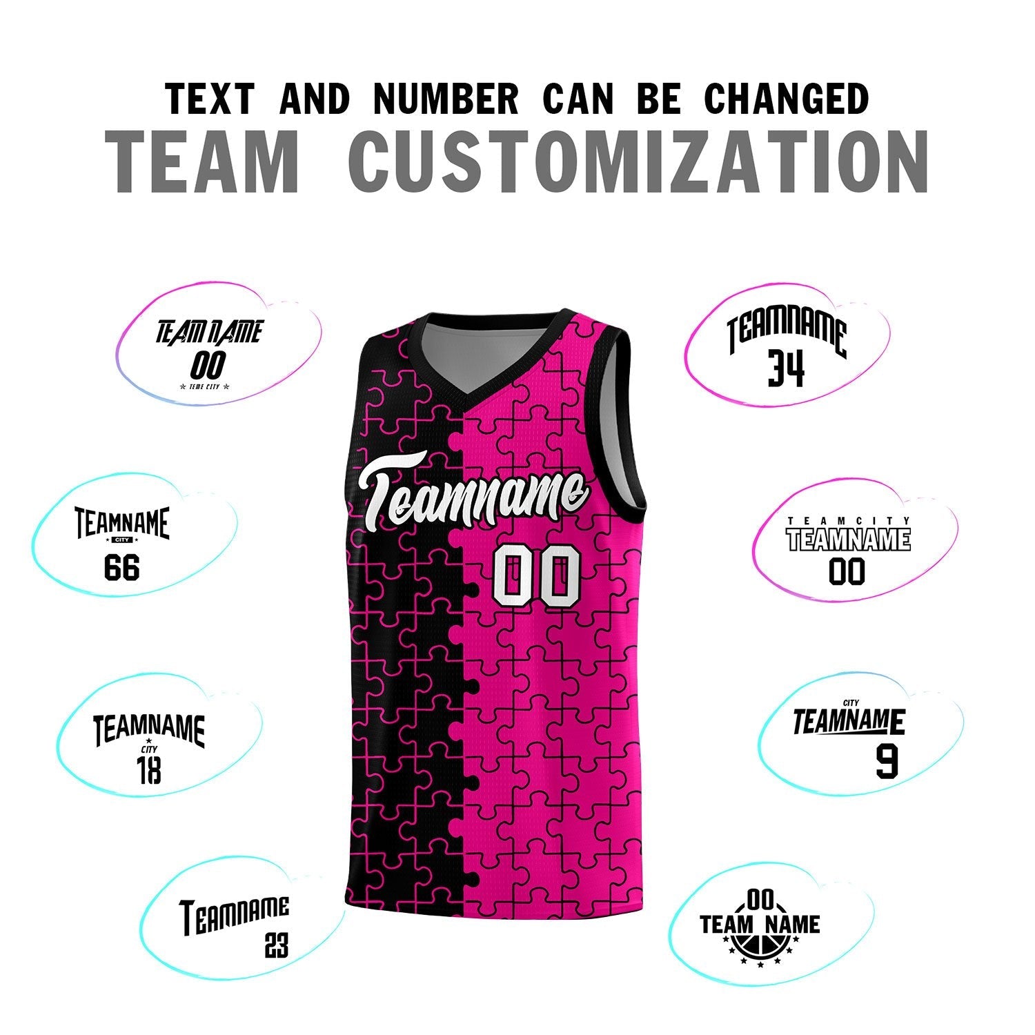 Custom Youth Basketball Jersey Black Pink Puzzle Pattern Moisture-Wicking Team Uniform