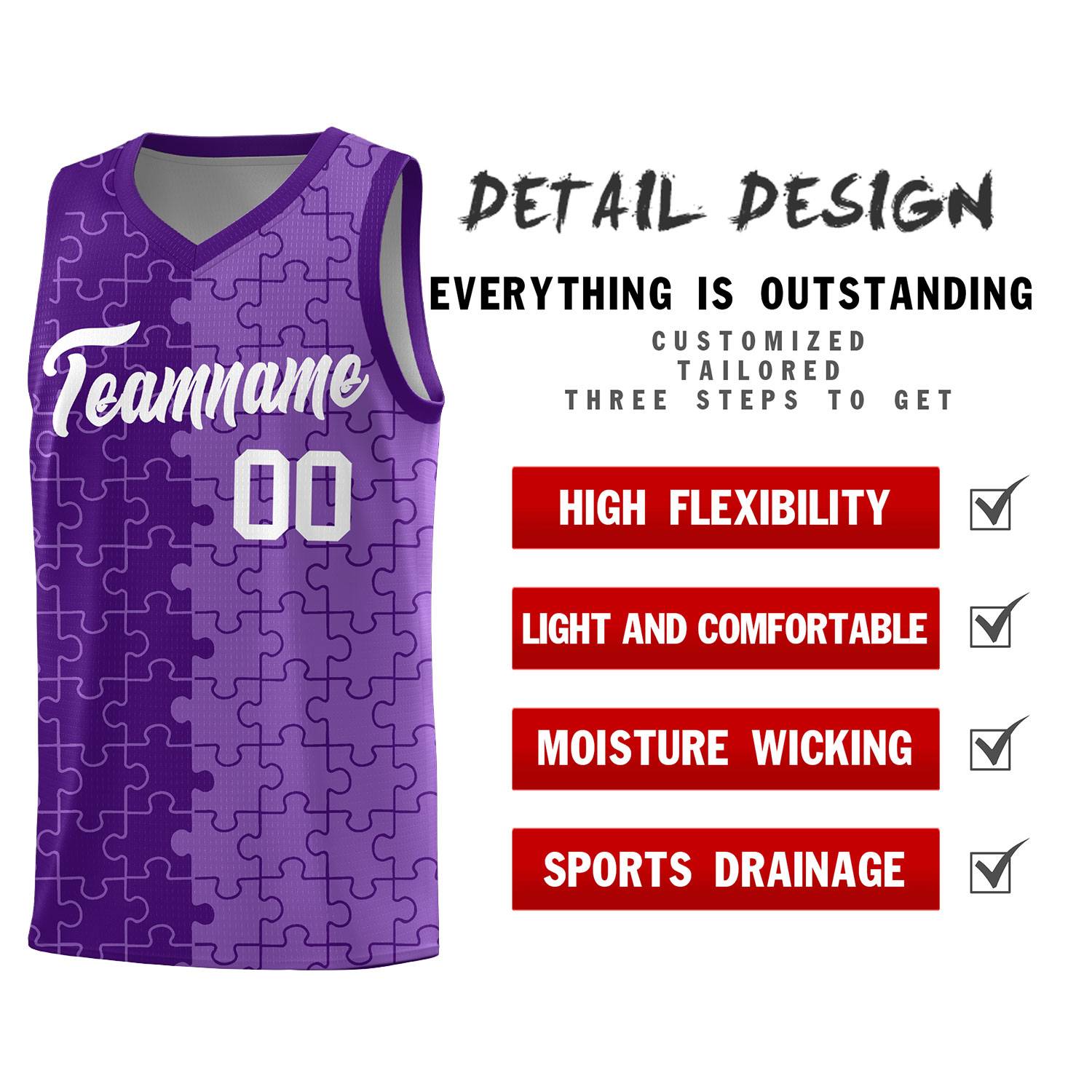 Custom Youth Basketball Jersey Purple Light Purple Puzzle Pattern Add Name, Number & Team Logo