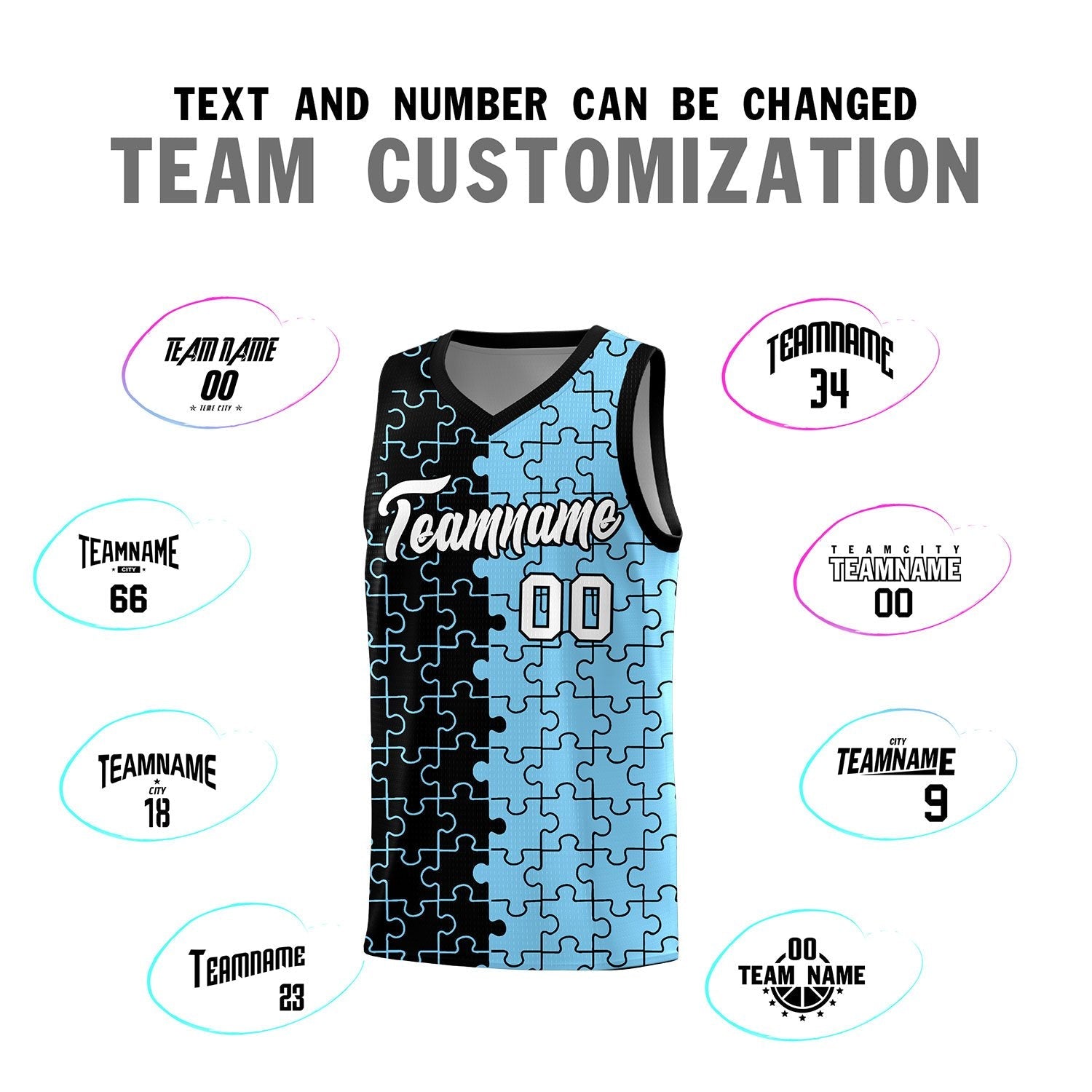 Custom Youth Basketball Jersey Black Light Blue Puzzle Pattern Add Name, Number & Team Logo