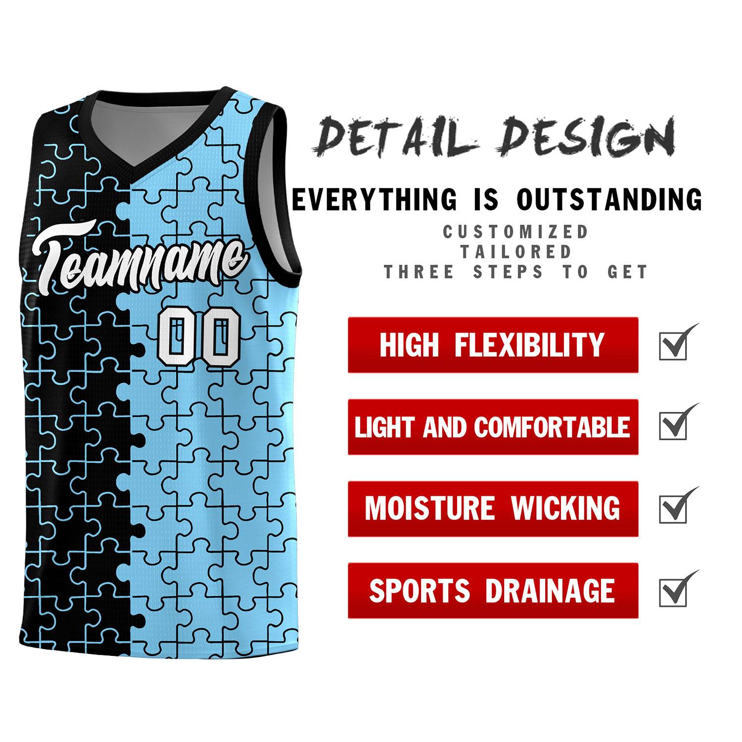 Custom Youth Basketball Jersey Black Light Blue Puzzle Pattern Add Name, Number & Team Logo