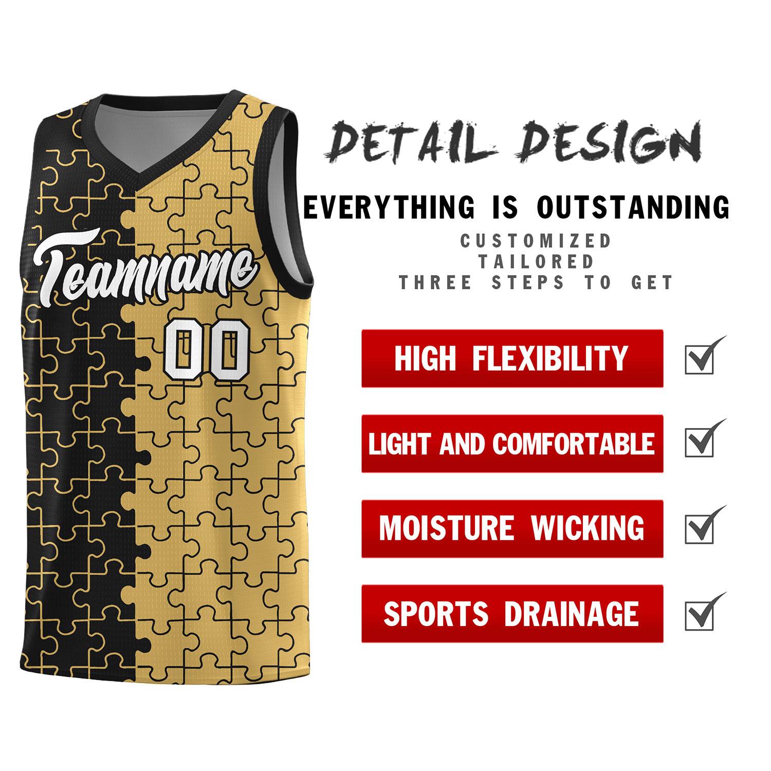 Custom Youth Basketball Jersey Black Old Gold Puzzle Pattern Moisture-Wicking Team Uniform