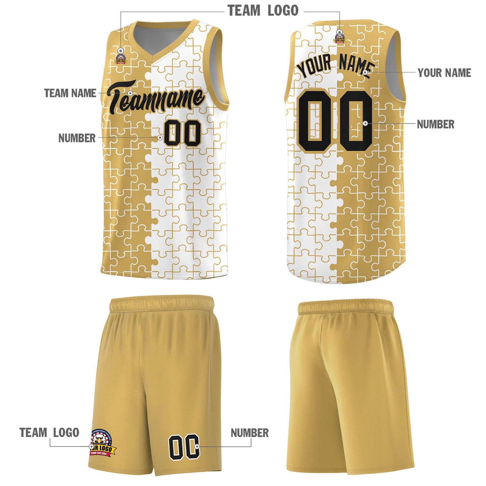 Custom Youth Basketball Jersey Old Gold White Puzzle Pattern Personalized Team Uniform