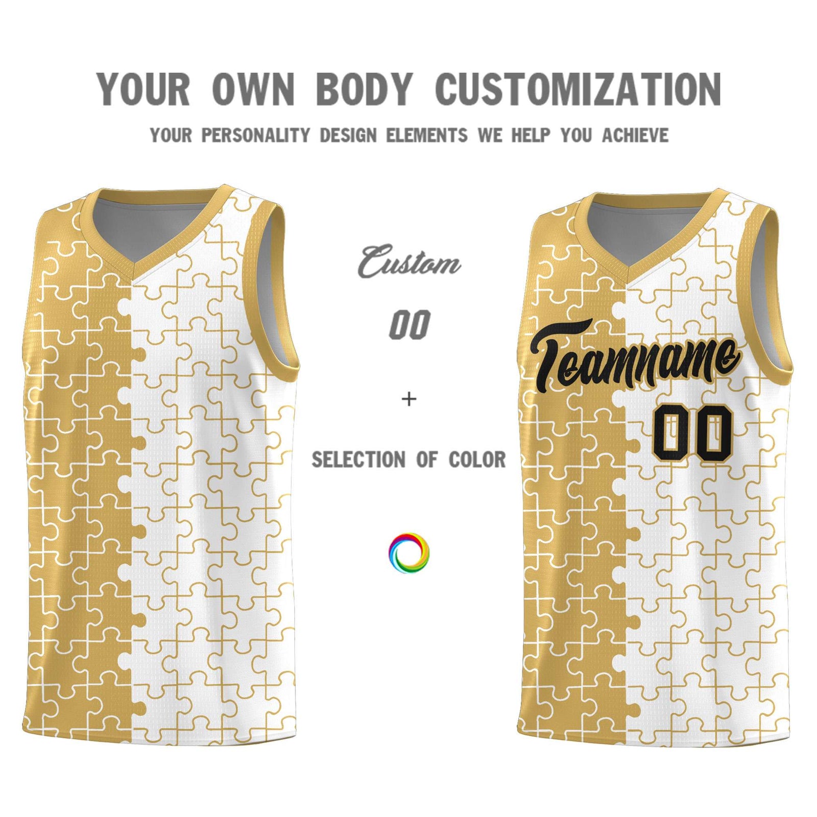 Custom Youth Basketball Jersey Old Gold White Puzzle Pattern Personalized Team Uniform