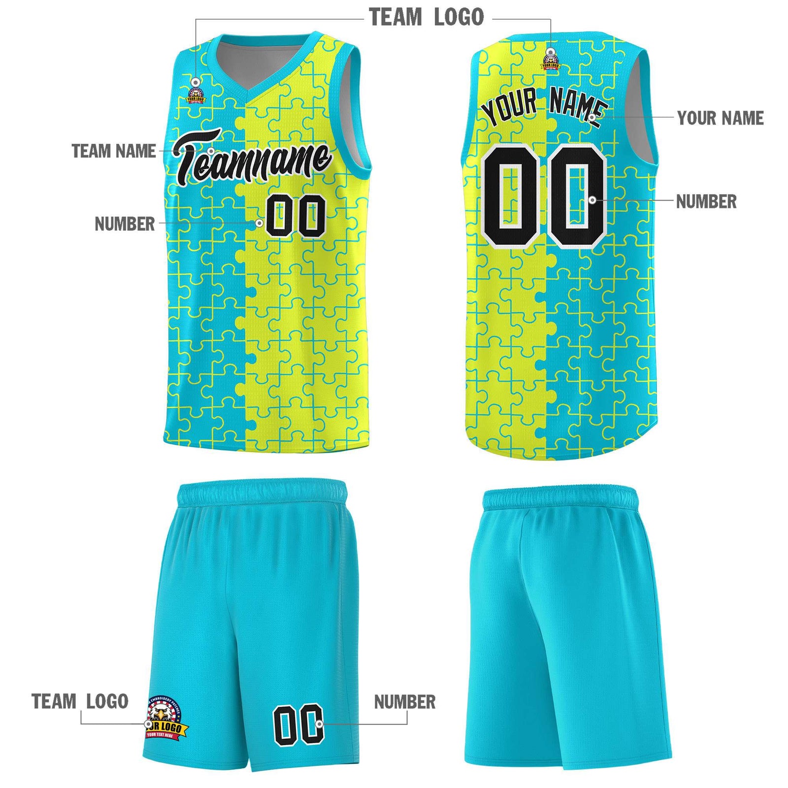 Custom Youth Basketball Jersey Sky Blue Fluorescent Green Puzzle Pattern Personalized Team Uniform