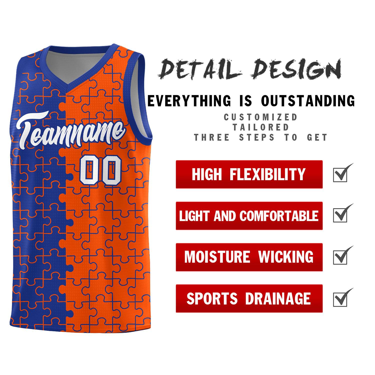 Custom Youth Basketball Jersey Royal Blue Orange Puzzle Pattern Breathable Team Uniform