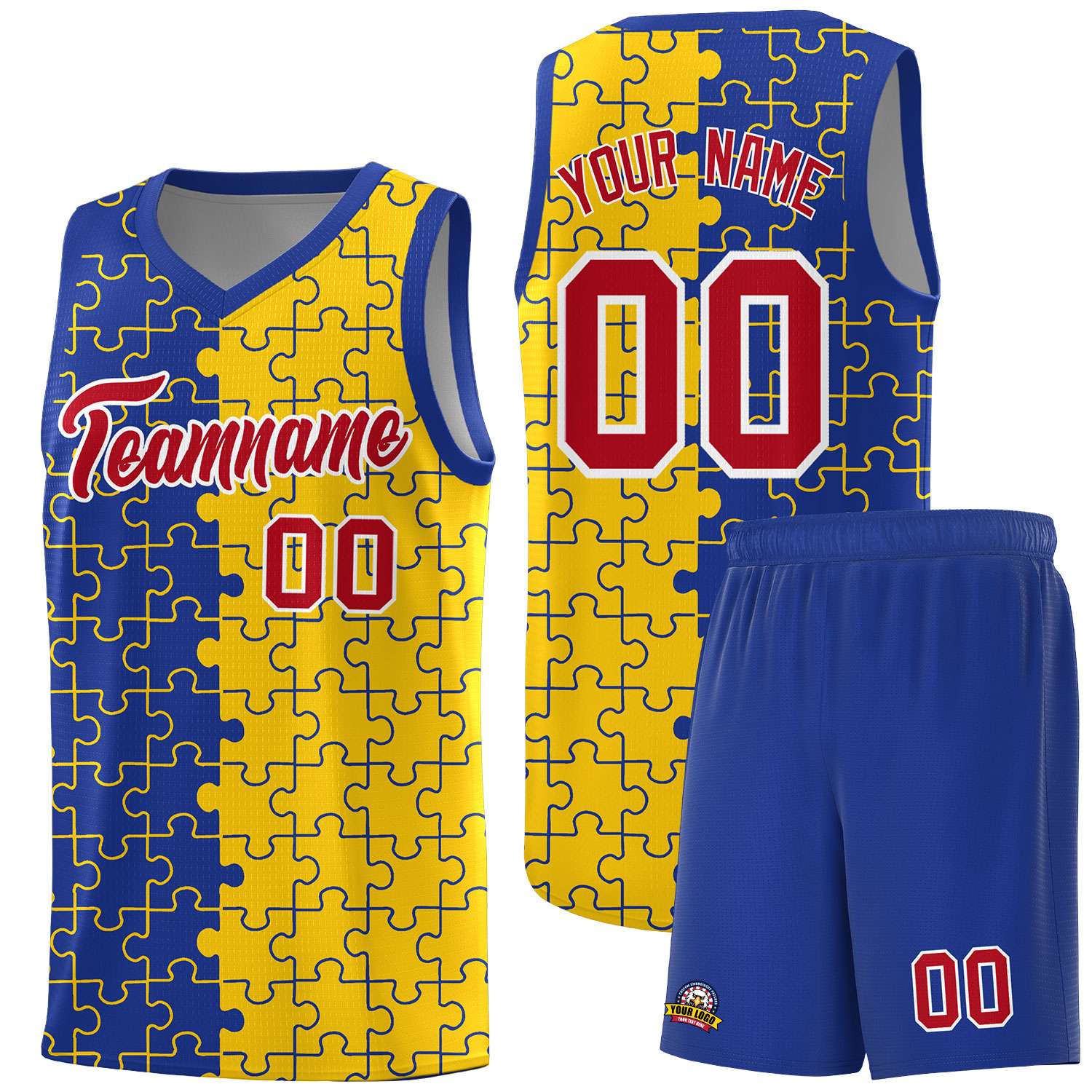 Custom Youth Basketball Jersey Royal Blue Gold Puzzle Pattern Add Name, Number & Team Logo