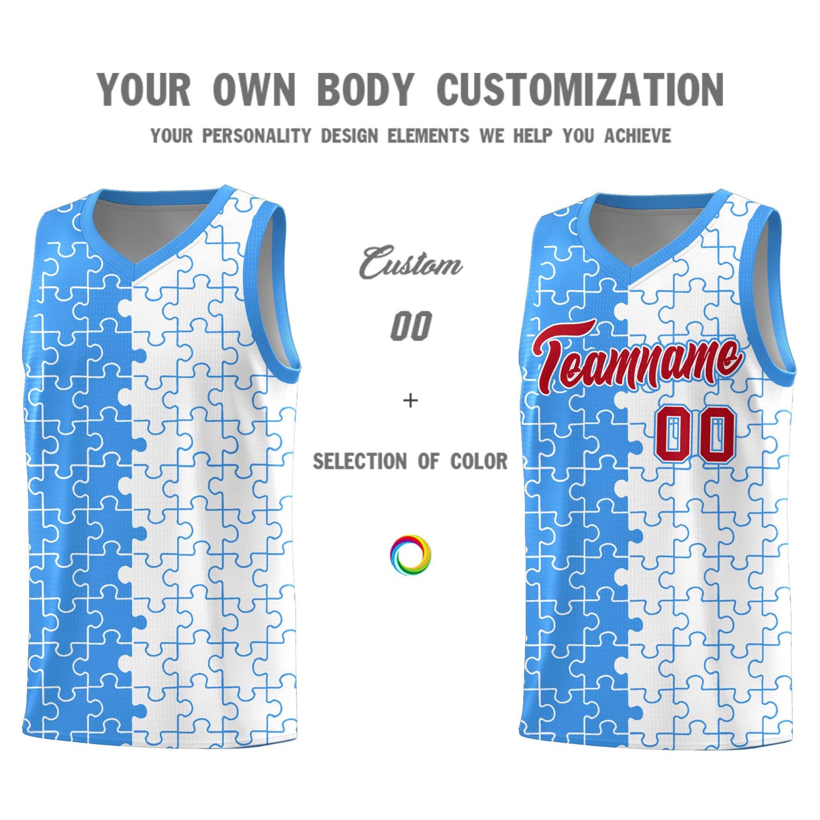Custom Youth Basketball Jersey Light Blue White Puzzle Pattern Personalized Team Uniform