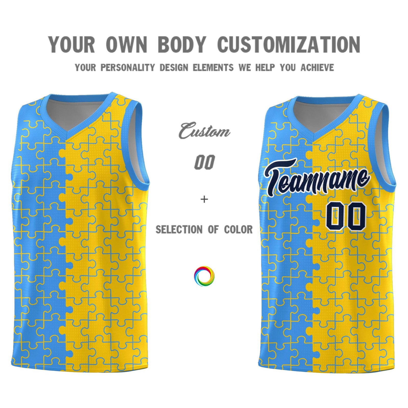 Custom Youth Basketball Jersey Light Blue Gold Puzzle Pattern Add Name, Number & Team Logo