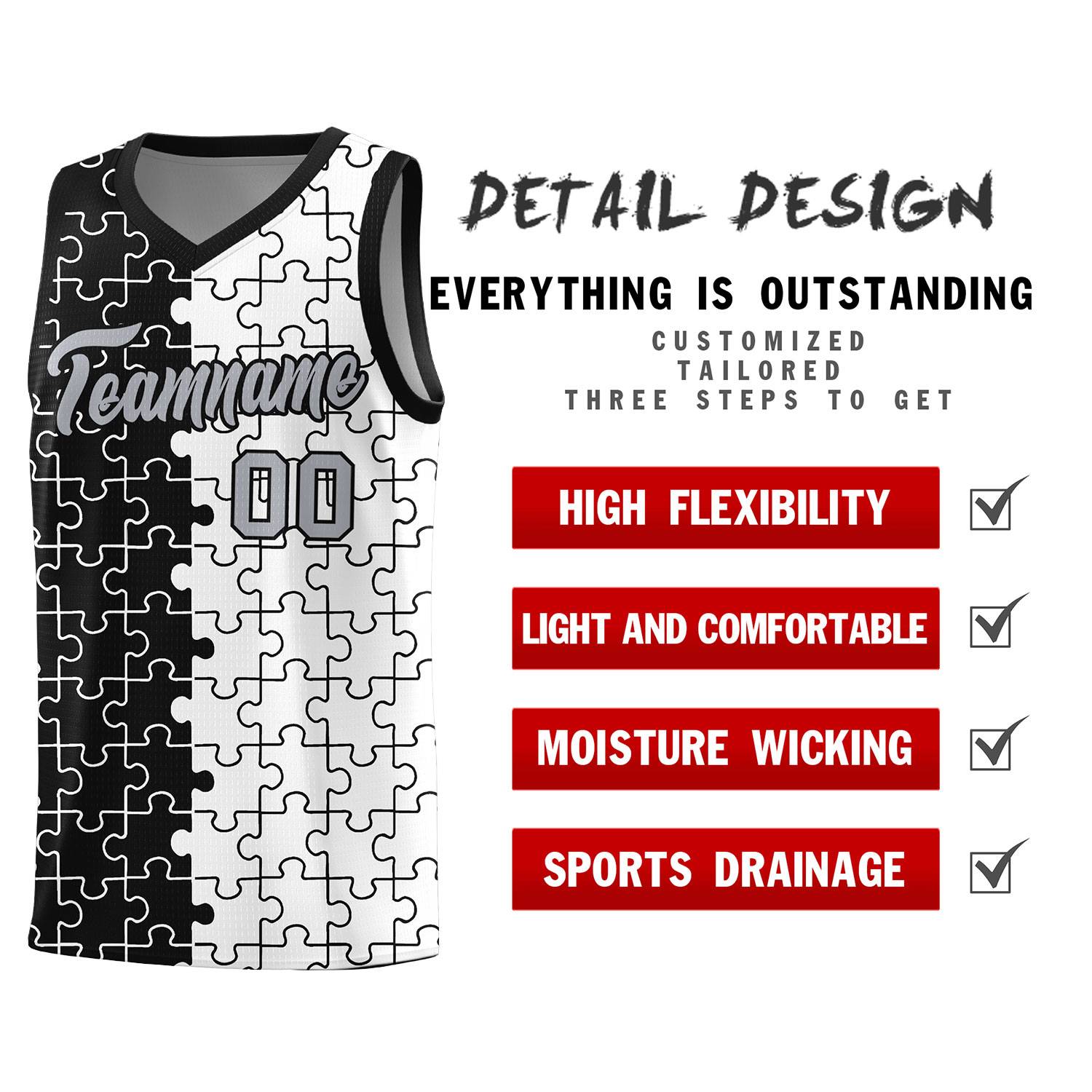 Custom Youth Basketball Jersey Black White Puzzle Pattern Breathable Team Uniform