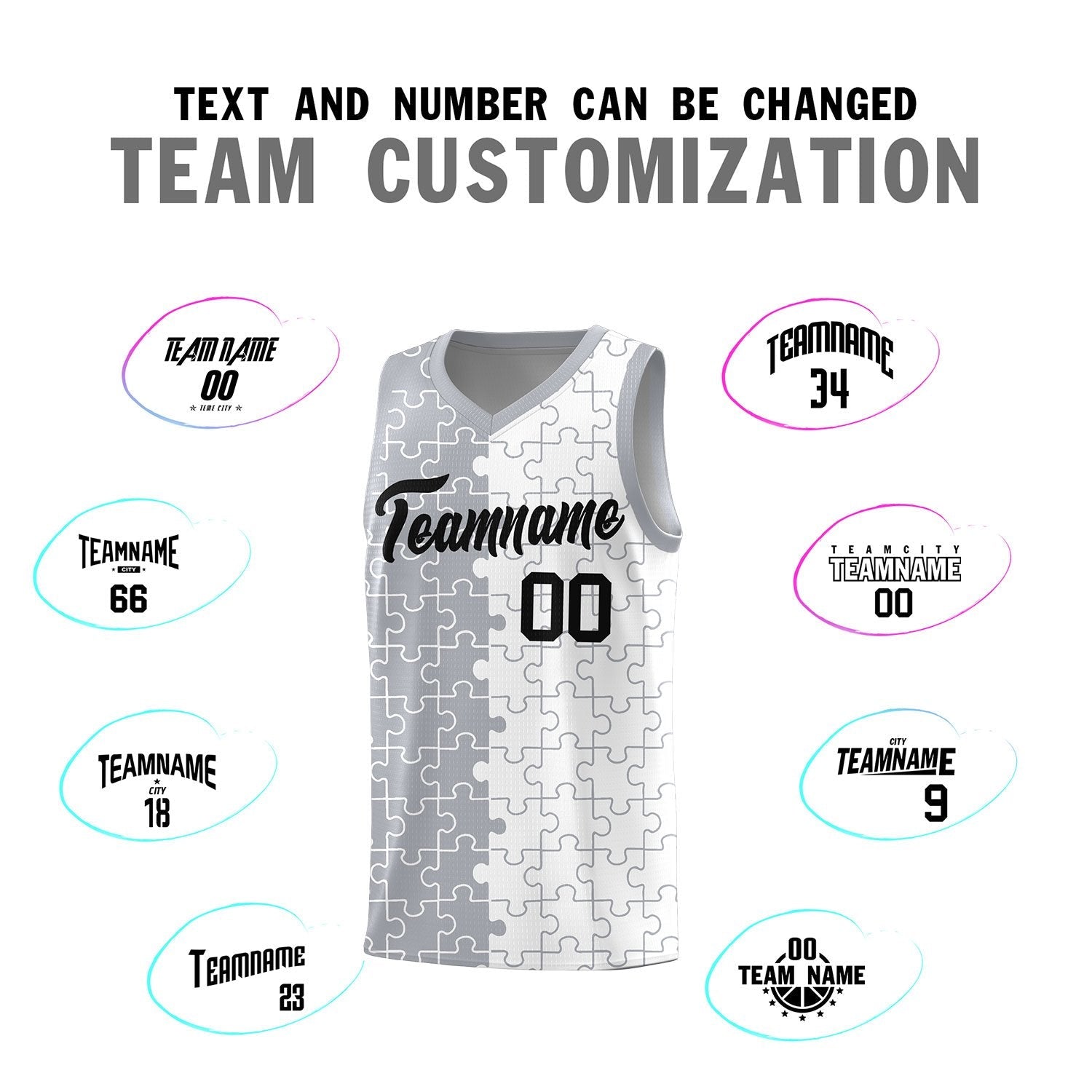 Custom Youth Basketball Jersey Gray White Puzzle Pattern Personalized Team Uniform