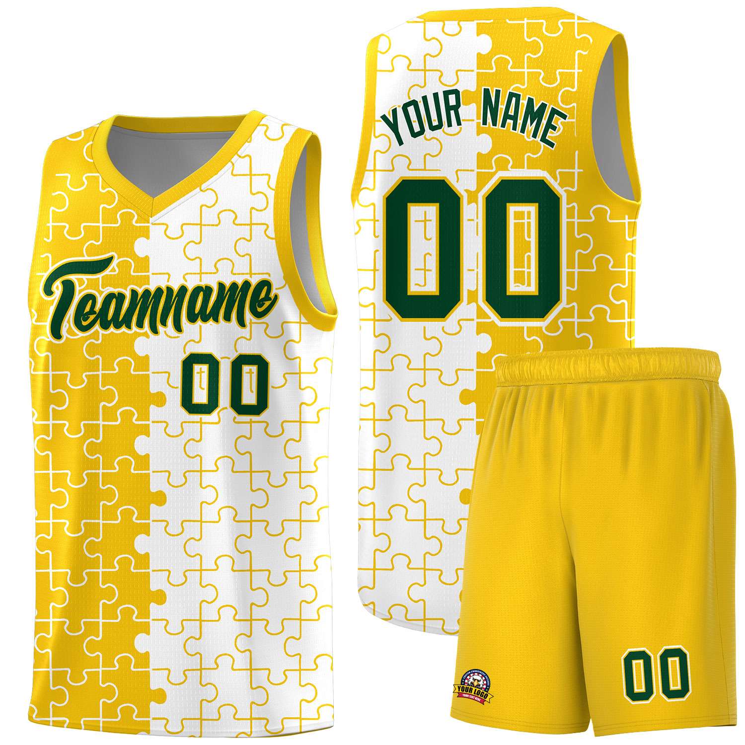 Custom Youth Basketball Jersey Gold White Puzzle Pattern Add Name, Number & Team Logo