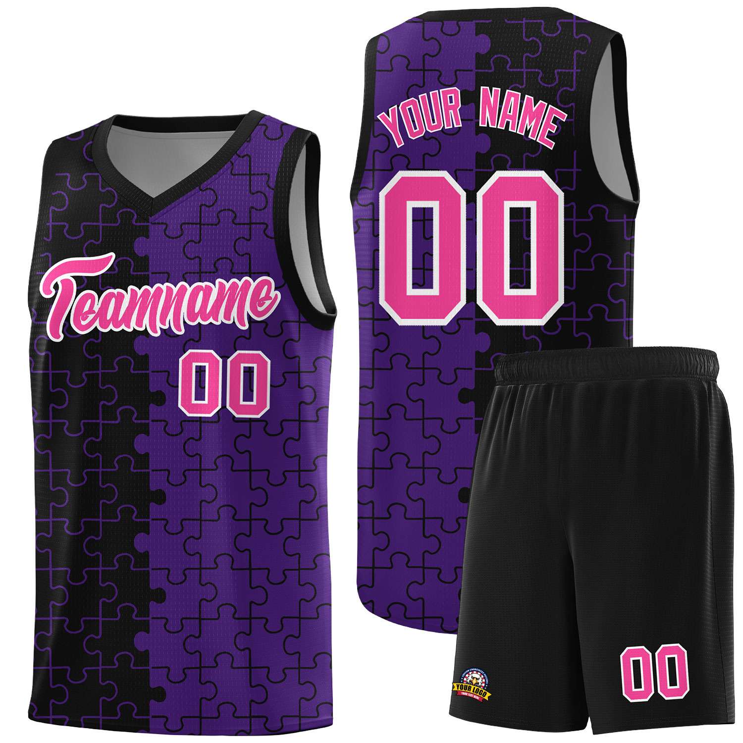 Custom Youth Basketball Jersey Black Purple Puzzle Pattern Personalized Team Uniform