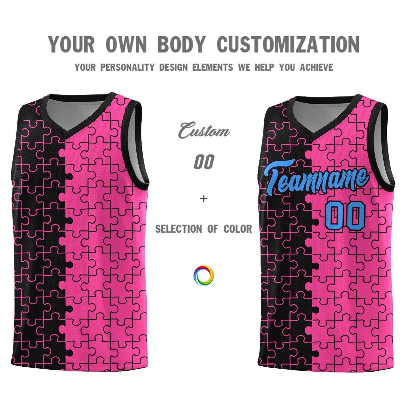 Custom Youth Basketball Jersey Black Pink Puzzle Pattern Add Name, Number & Team Logo