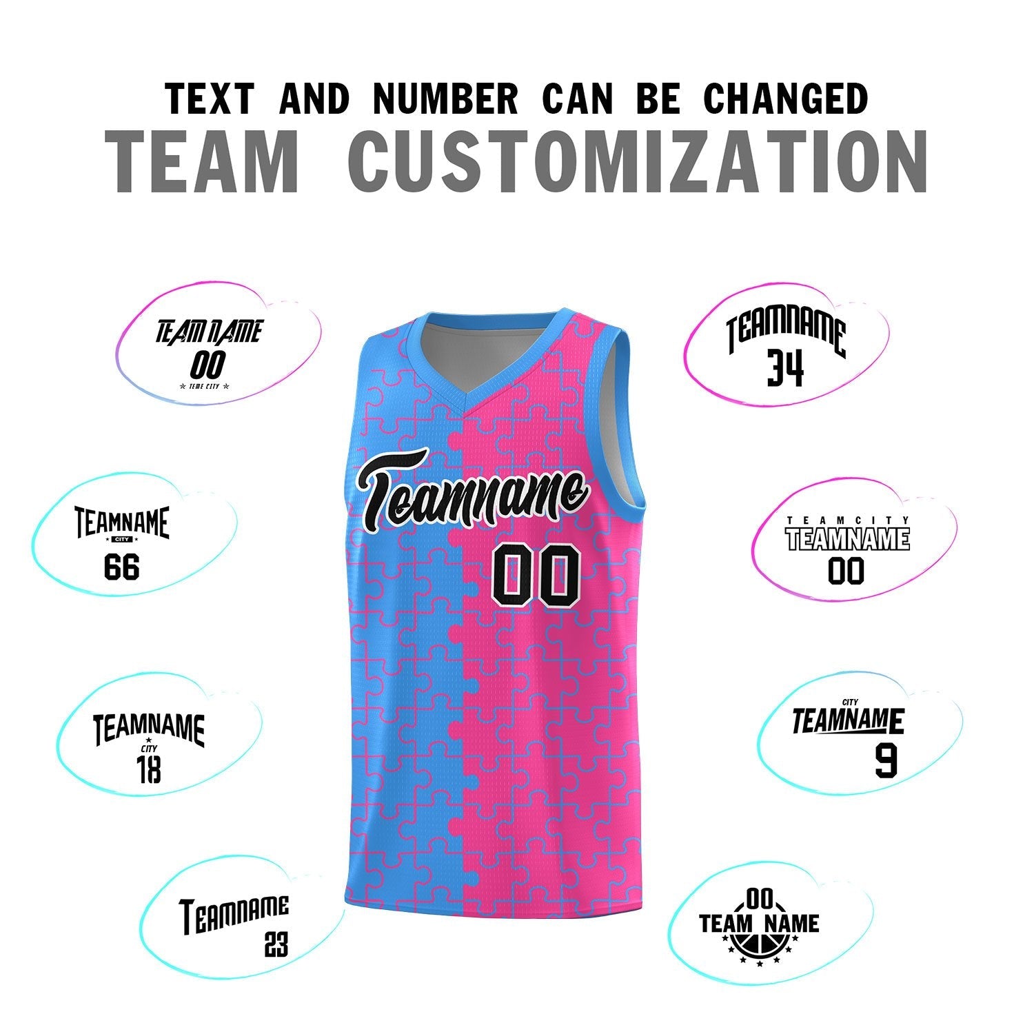 Custom Youth Basketball Jersey Light Blue Pink Puzzle Pattern Breathable Team Uniform