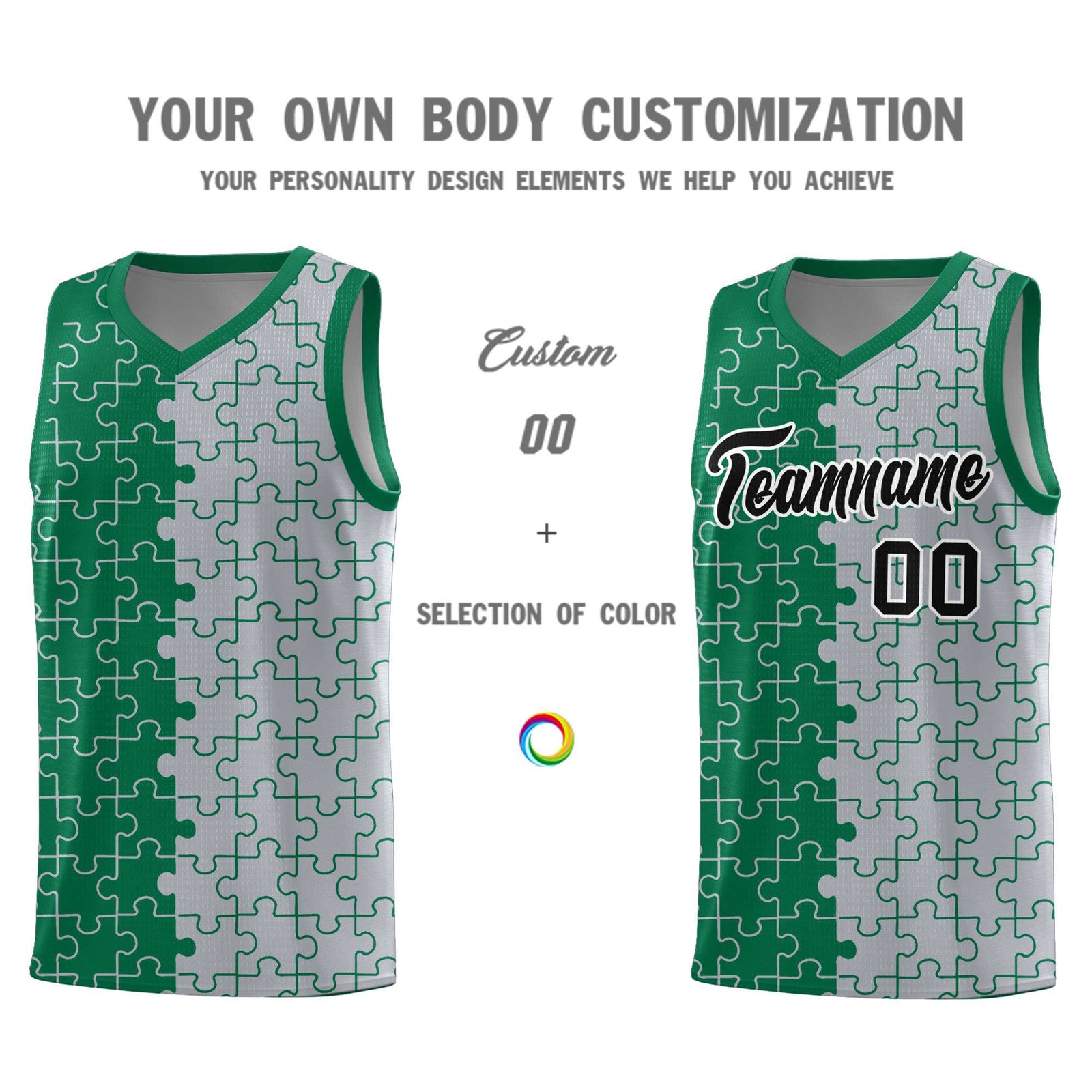 Custom Youth Basketball Jersey Kelly Green Gray Puzzle Pattern Add Name, Number & Team Logo