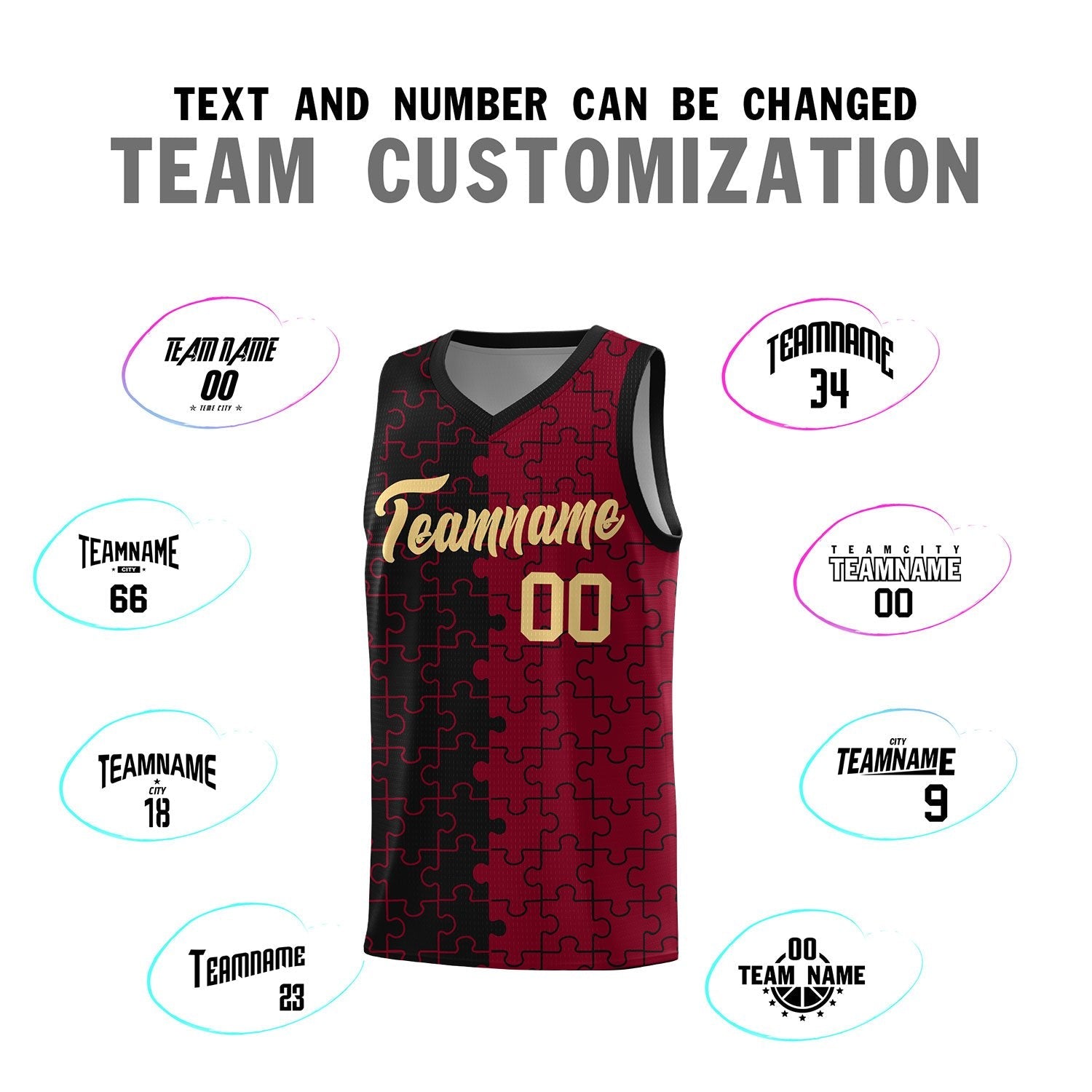 Custom Youth Basketball Jersey Black Crimson Puzzle Pattern Breathable Team Uniform
