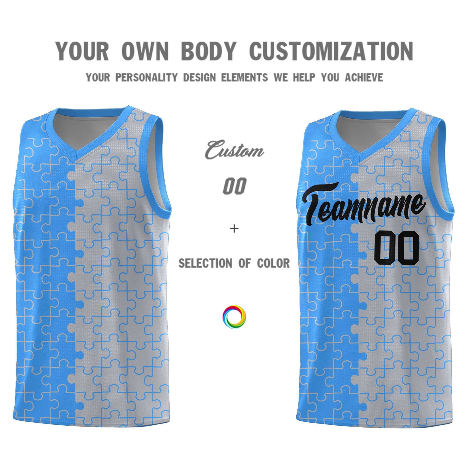 Custom Youth Basketball Jersey Light Blue Gray Puzzle Pattern Add Name, Number & Team Logo