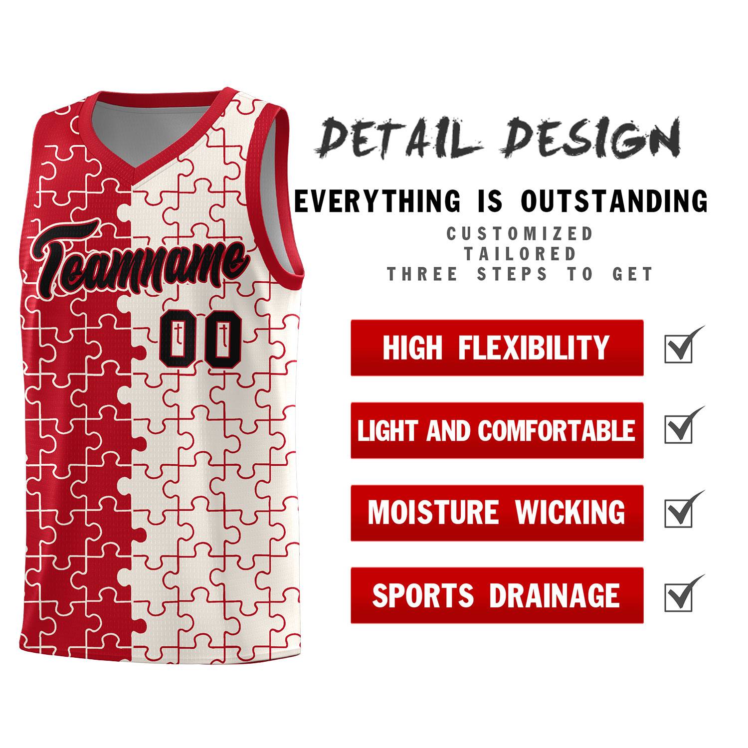 Custom Youth Basketball Jersey Red Cream Puzzle Pattern Moisture-Wicking Team Uniform