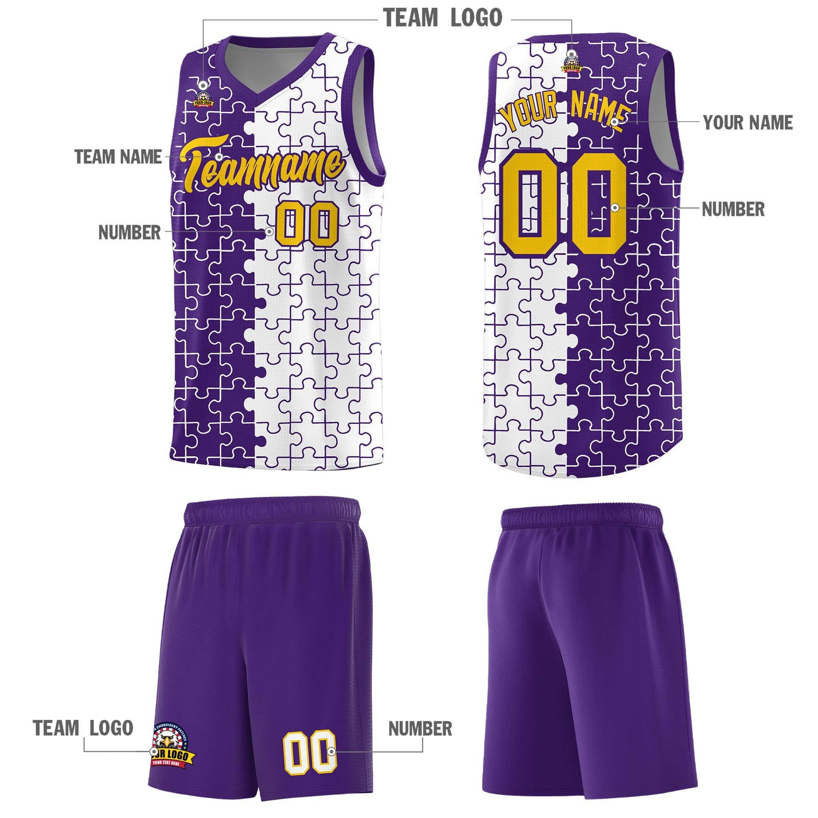 Custom Youth Basketball Jersey Purple White Puzzle Pattern Add Name, Number & Team Logo