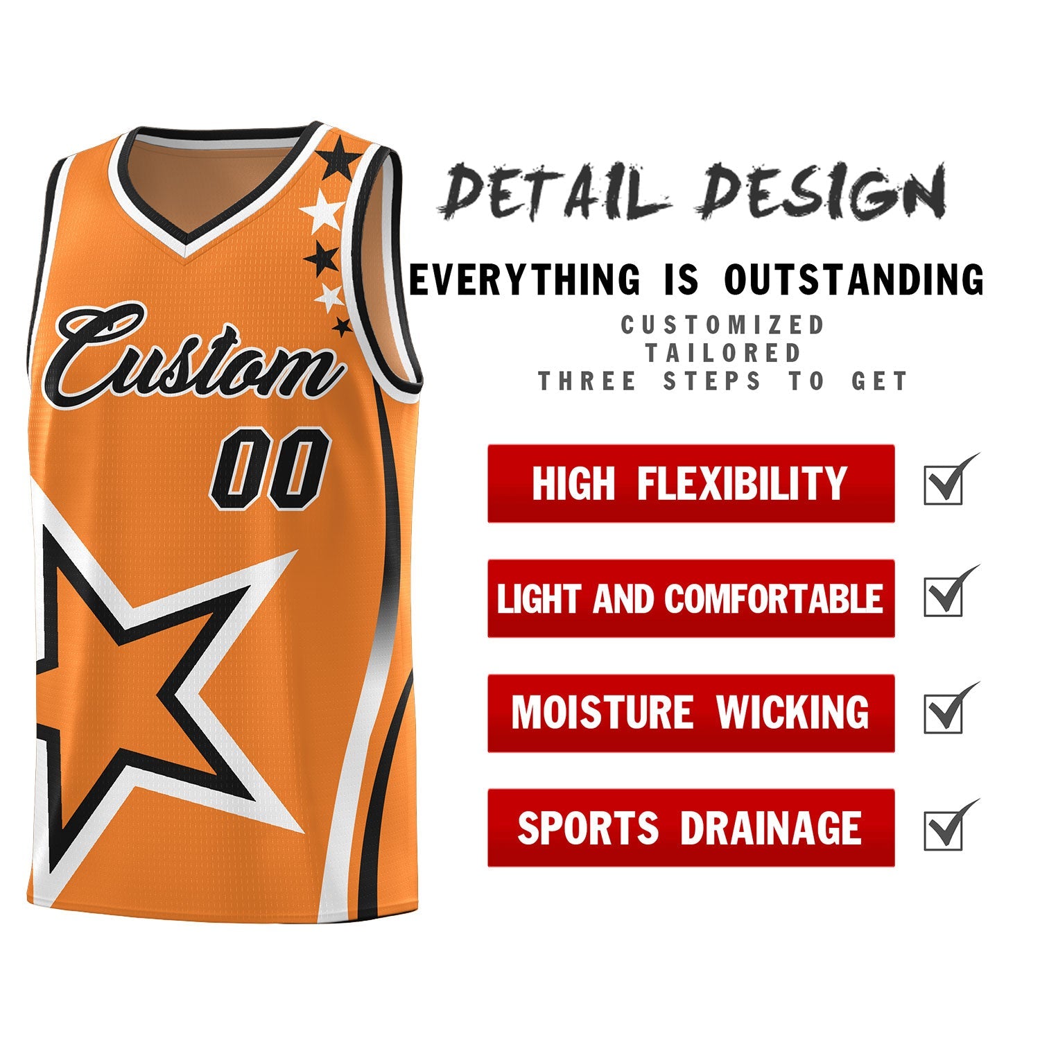 Custom Gold Orange Shoulder Stars Graffiti Pattern Sets Basketball Jersey