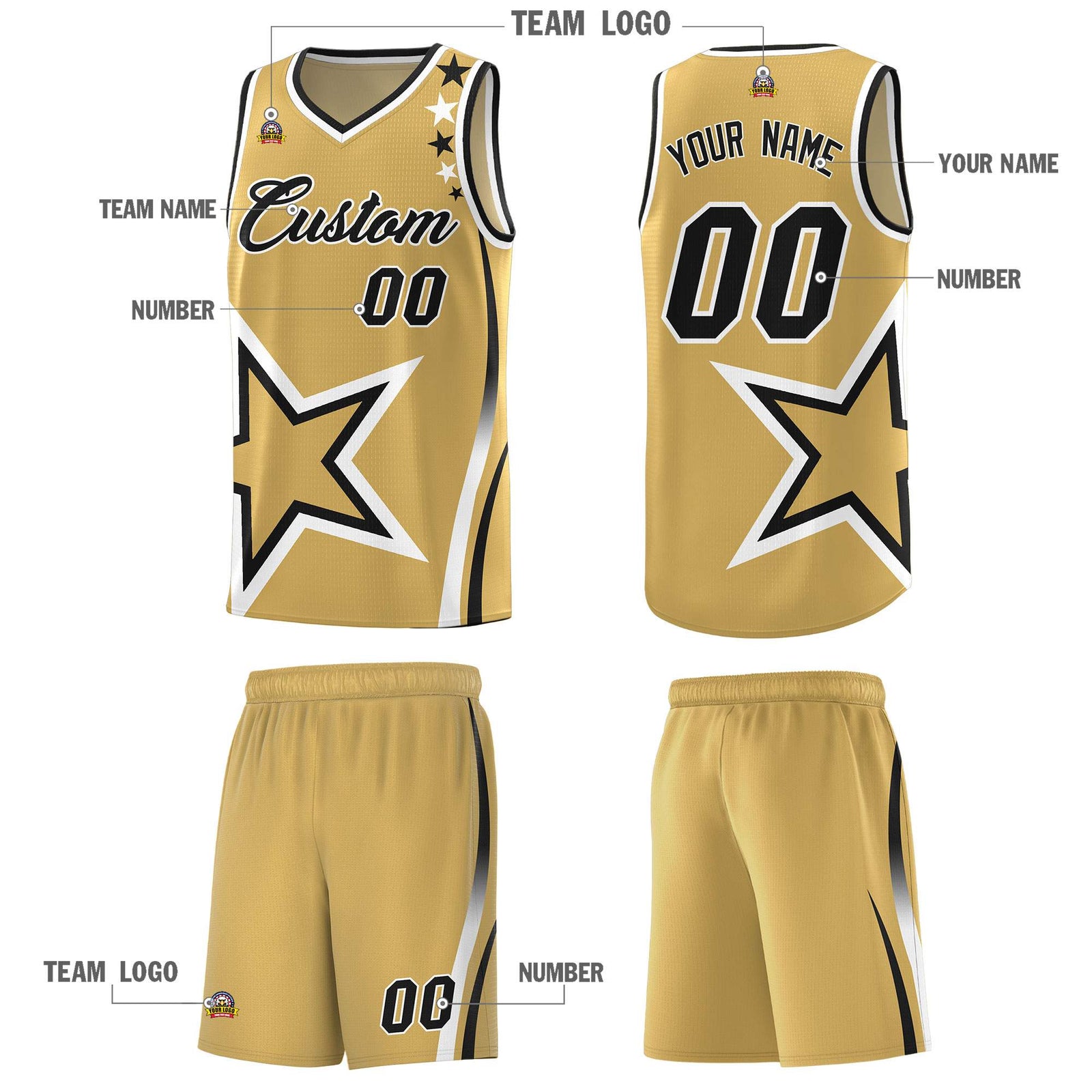 Custom Old Gold Shoulder Stars Graffiti Pattern Sets Basketball Jersey