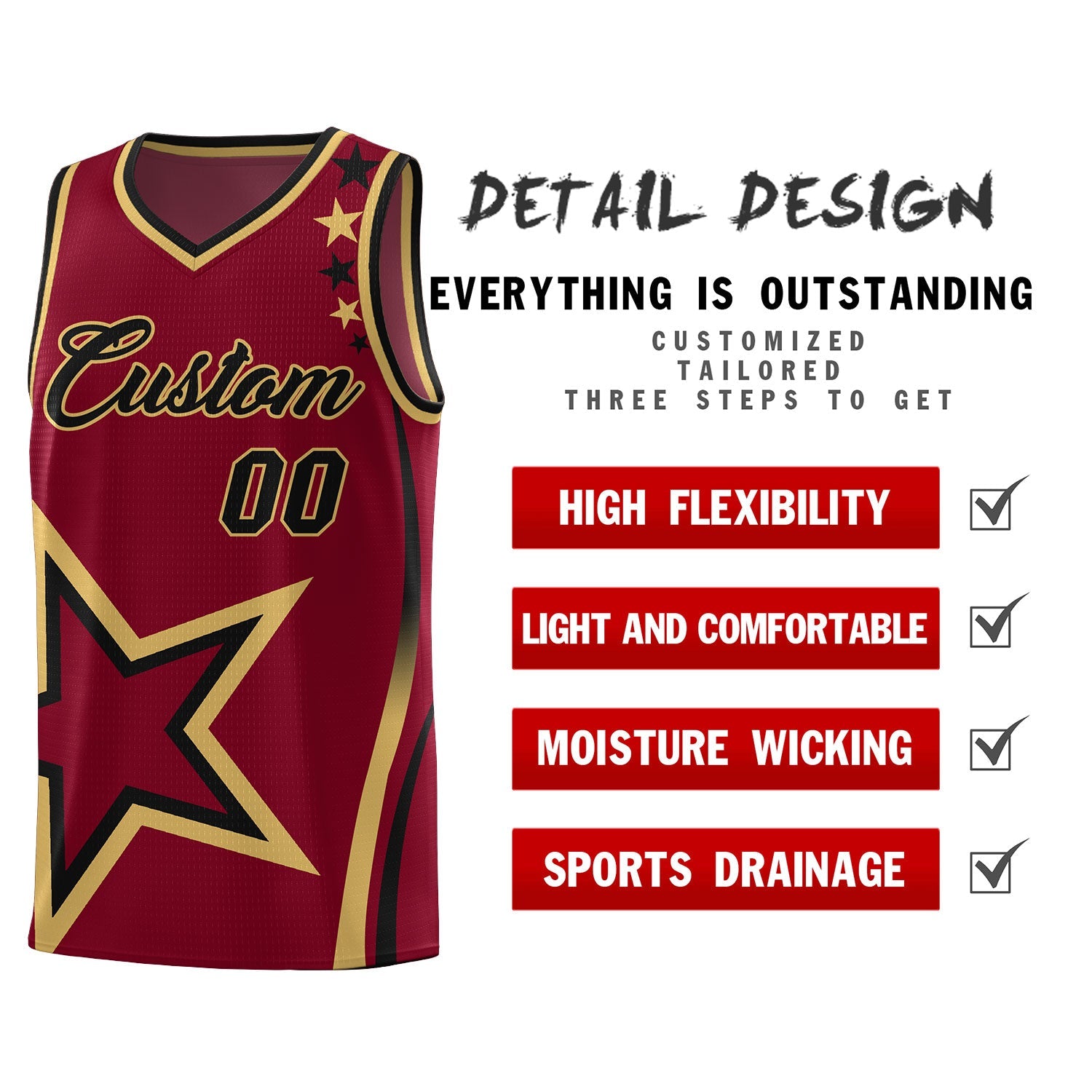 Custom Crimson Shoulder Stars Graffiti Pattern Sets Basketball Jersey