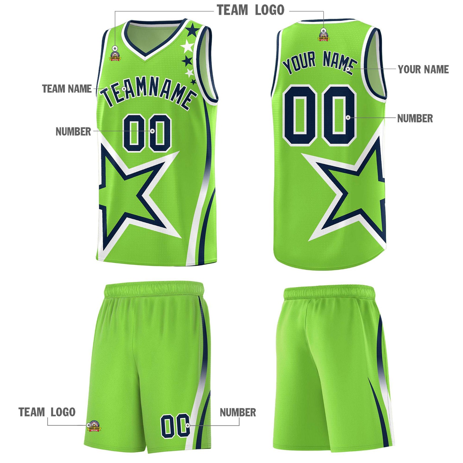 Custom Neon Green Shoulder Stars Graffiti Pattern Sets Basketball Jersey