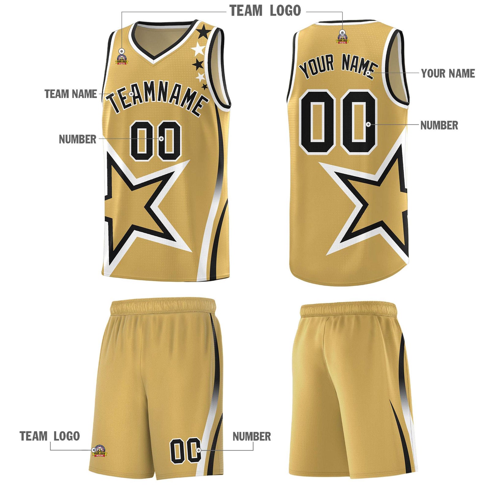 Custom Old Gold Shoulder Stars Graffiti Pattern Sets Basketball Jersey