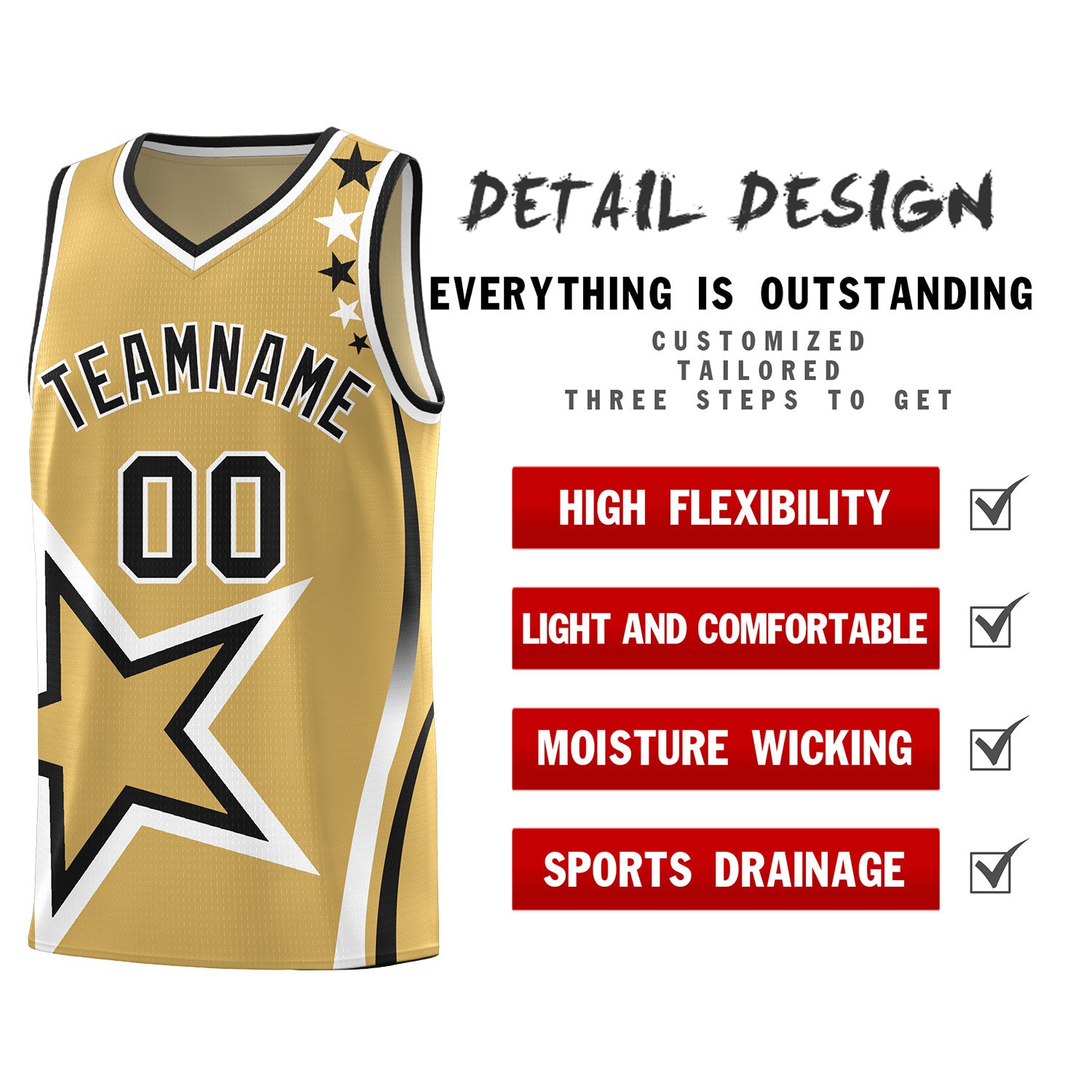 Custom Old Gold Shoulder Stars Graffiti Pattern Sets Basketball Jersey