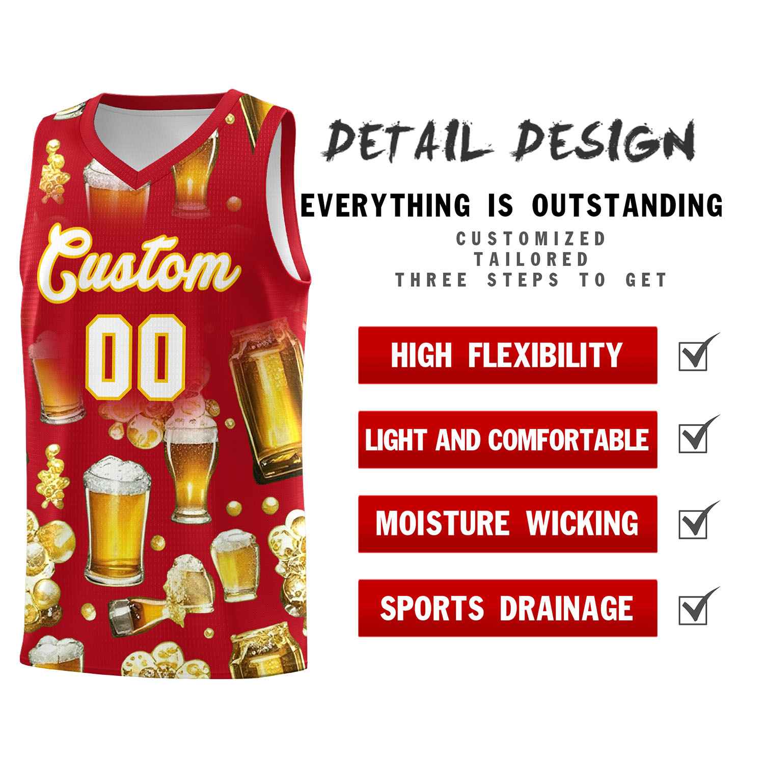Custom Red National Beer Day Personalized Beer Bubble Basketball Jersey | Perfect for parties | Dye-sublimation printing | KXKSHOP