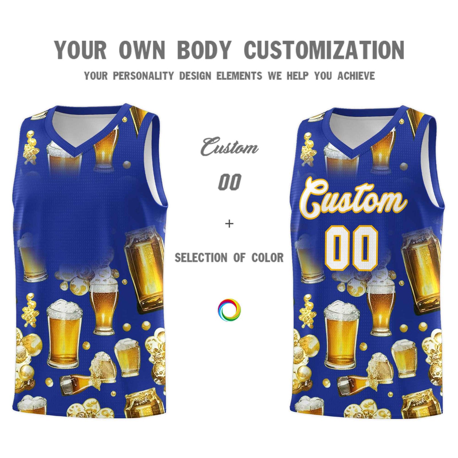 Custom Royal Blue National Beer Day Personalized Beer Bubble Basketball Jersey | Perfect for parties | Dye-sublimation printing | KXKSHOP