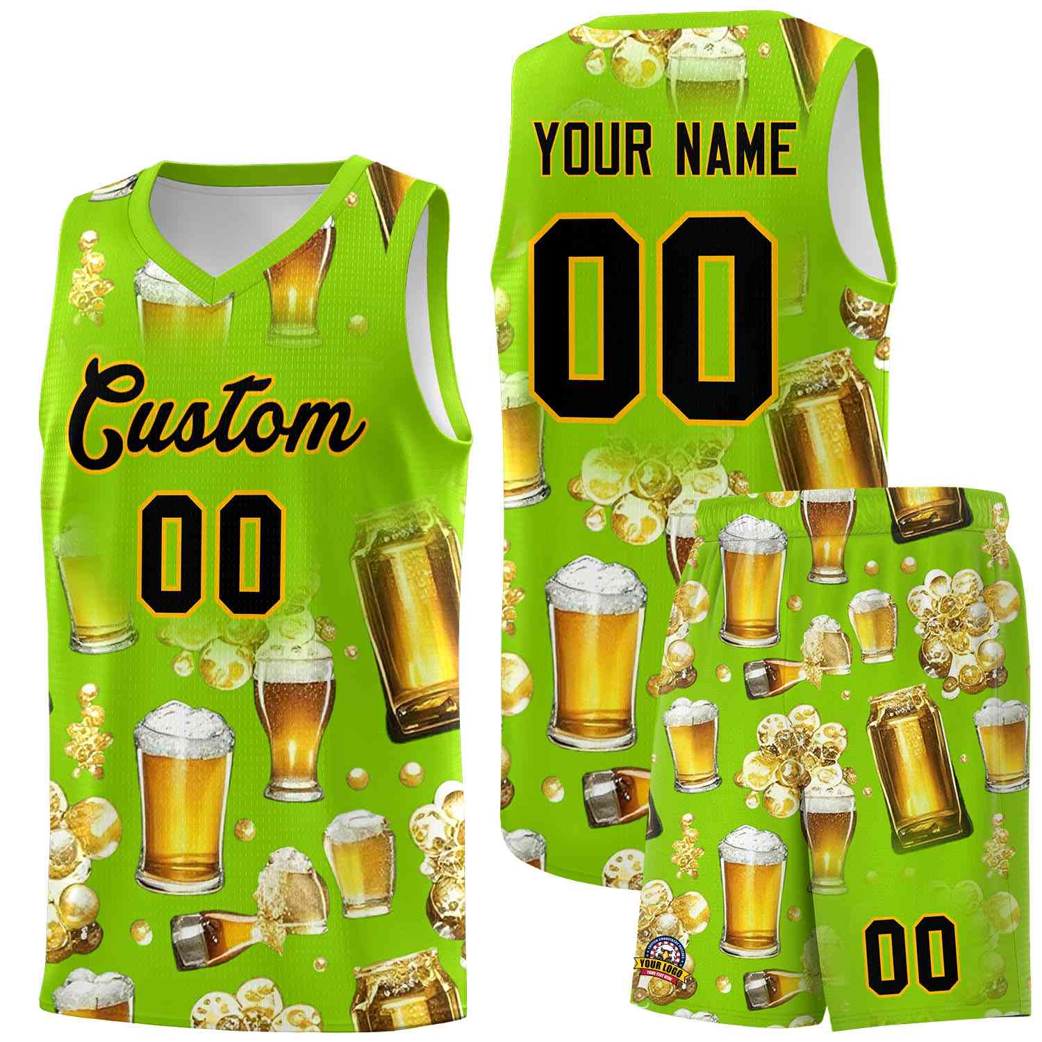 Custom Neon Green National Beer Day Personalized Beer Bubble Basketball Jersey | Perfect for parties | Dye-sublimation printing | KXKSHOP