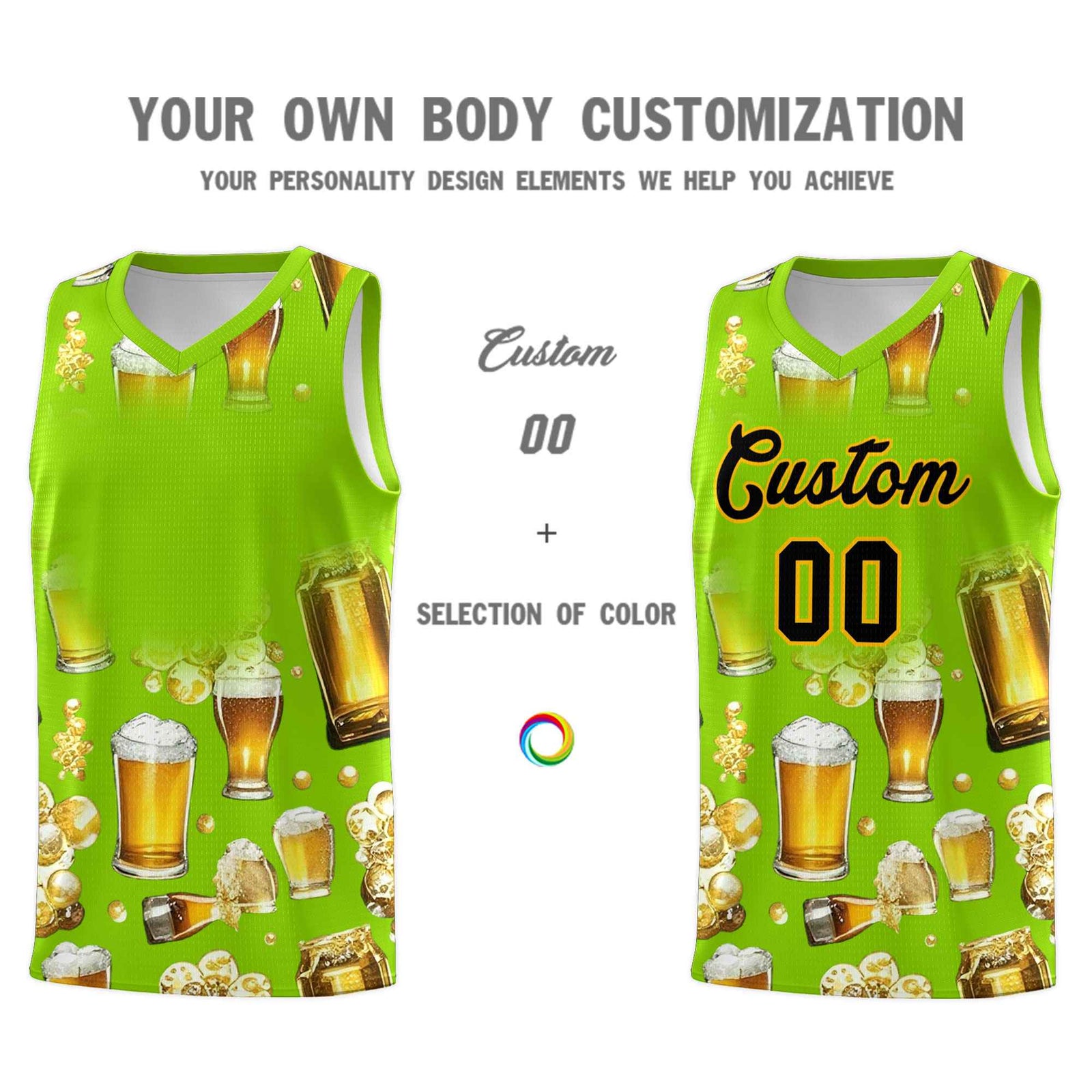 Custom Neon Green National Beer Day Personalized Beer Bubble Basketball Jersey | Perfect for parties | Dye-sublimation printing | KXKSHOP