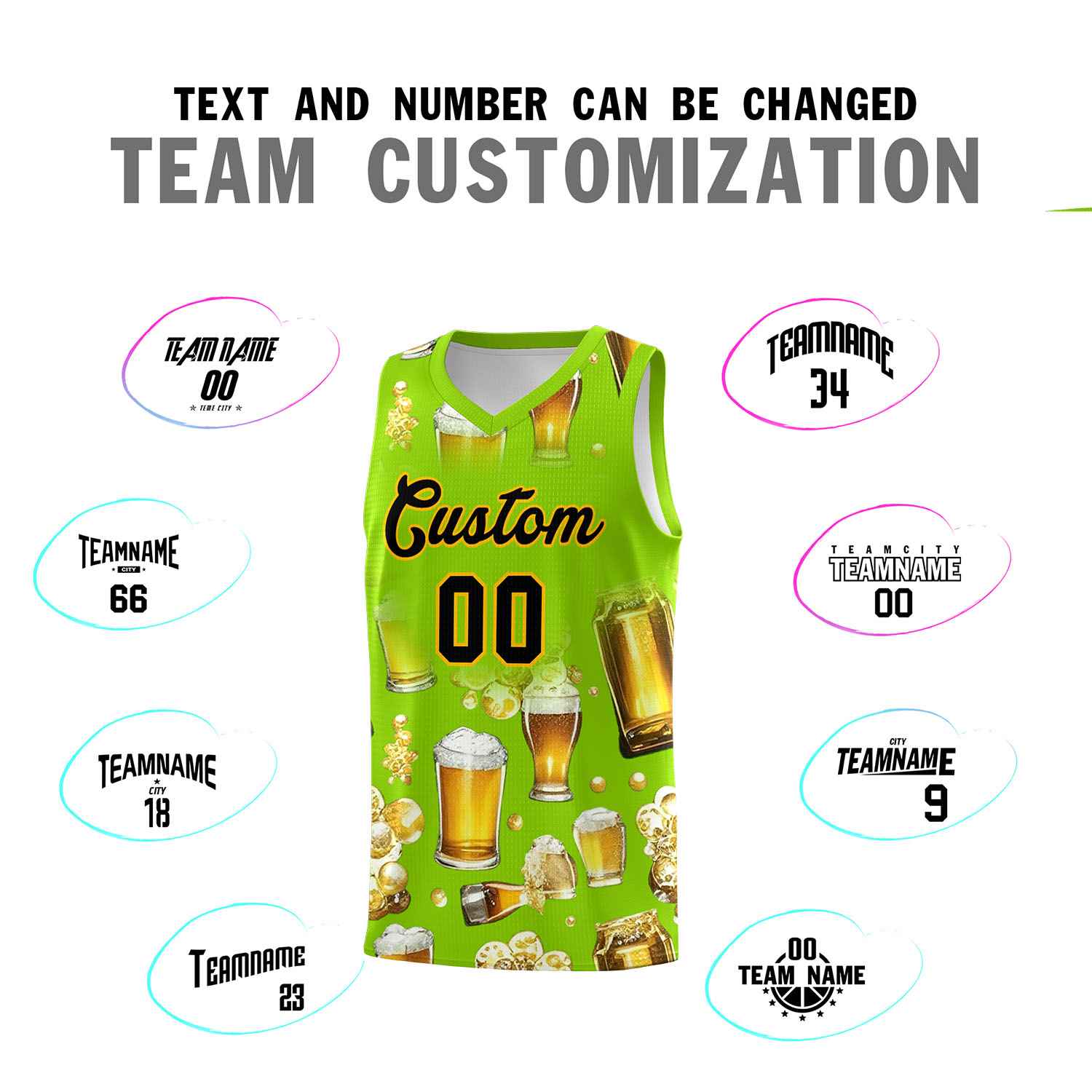 Custom Neon Green National Beer Day Personalized Beer Bubble Basketball Jersey | Perfect for parties | Dye-sublimation printing | KXKSHOP