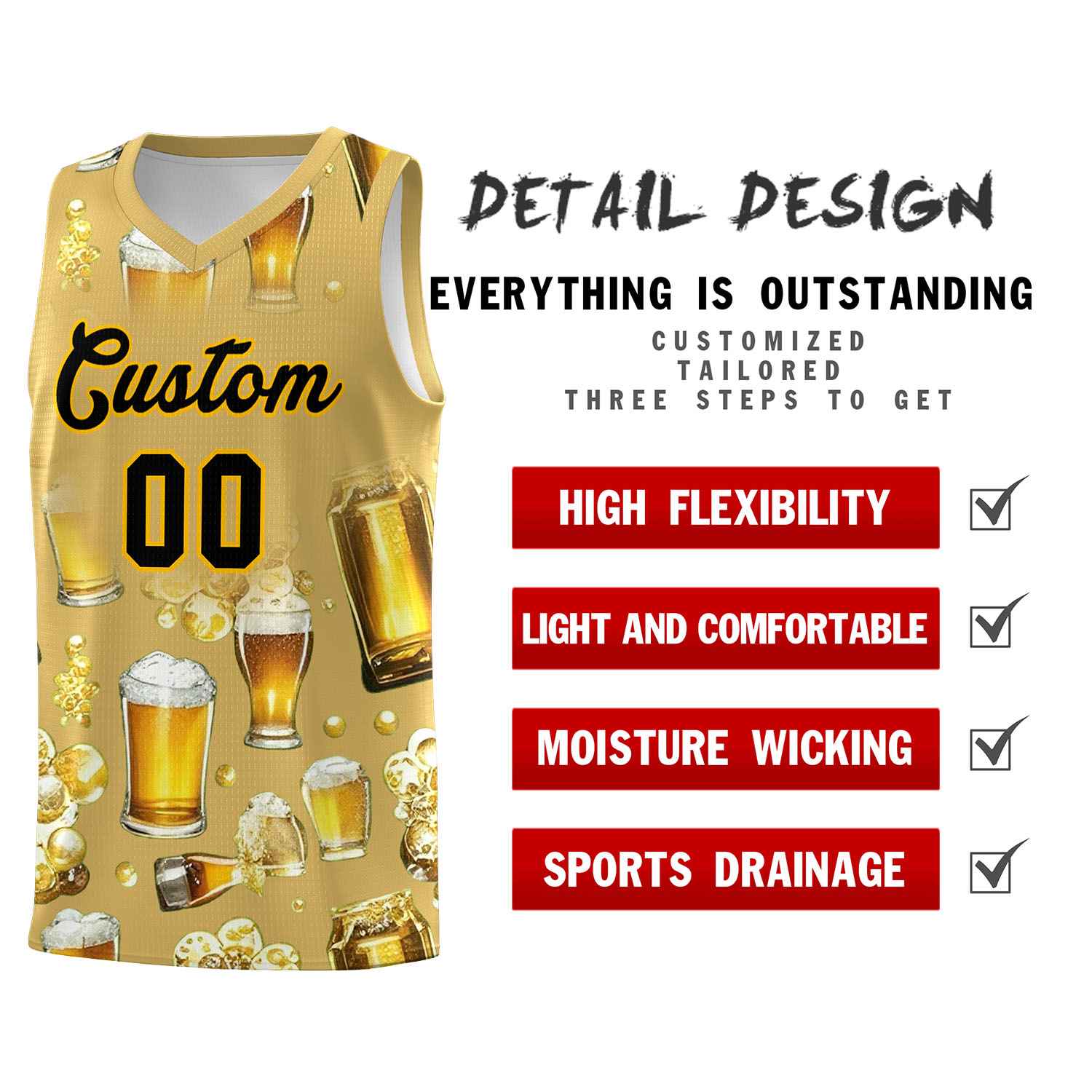 Custom Old Gold National Beer Day Personalized Beer Bubble Basketball Jersey | Perfect for parties | Dye-sublimation printing | KXKSHOP