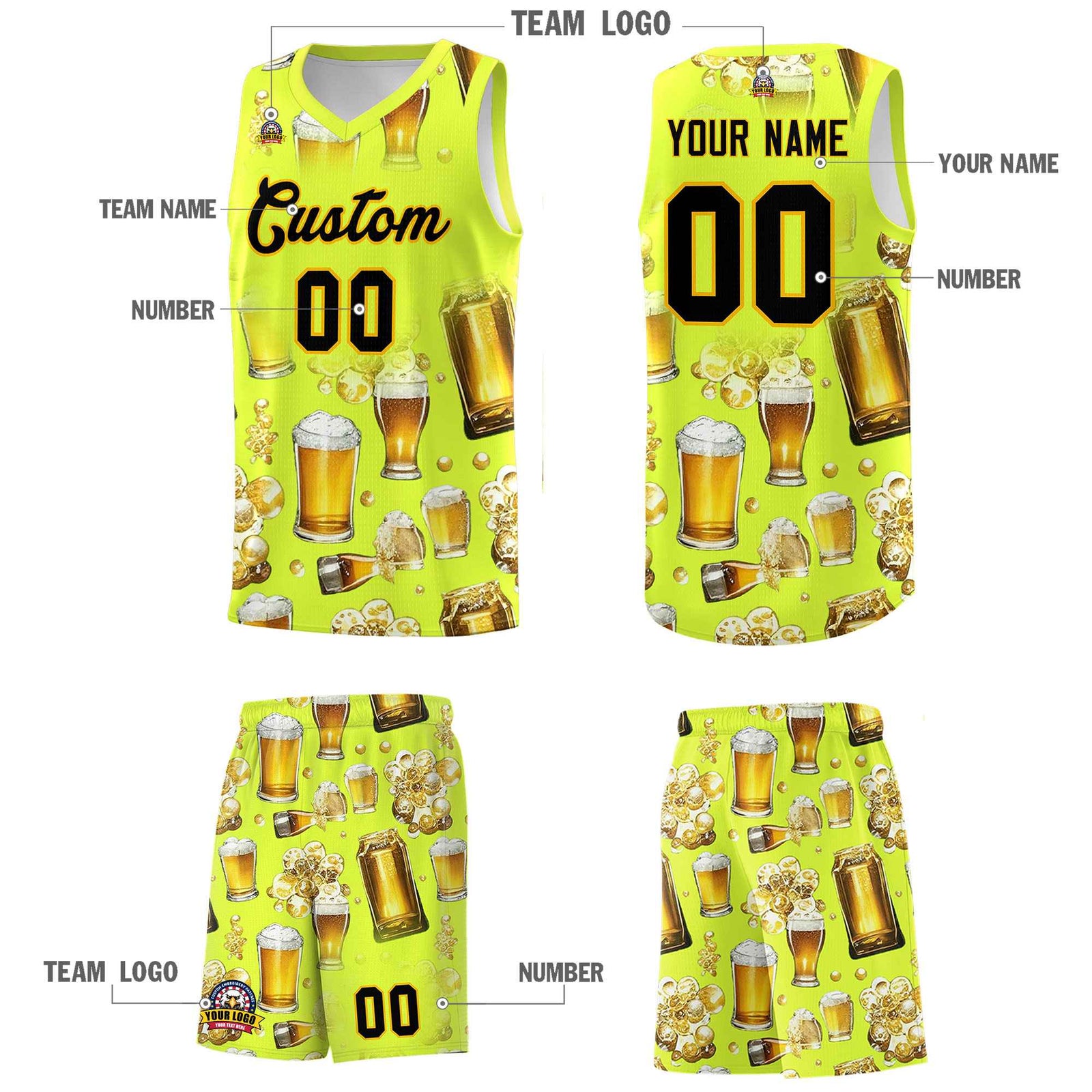 Custom Fluorescent Green National Beer Day Personalized Beer Bubble Basketball Jersey | Perfect for parties | Dye-sublimation printing | KXKSHOP
