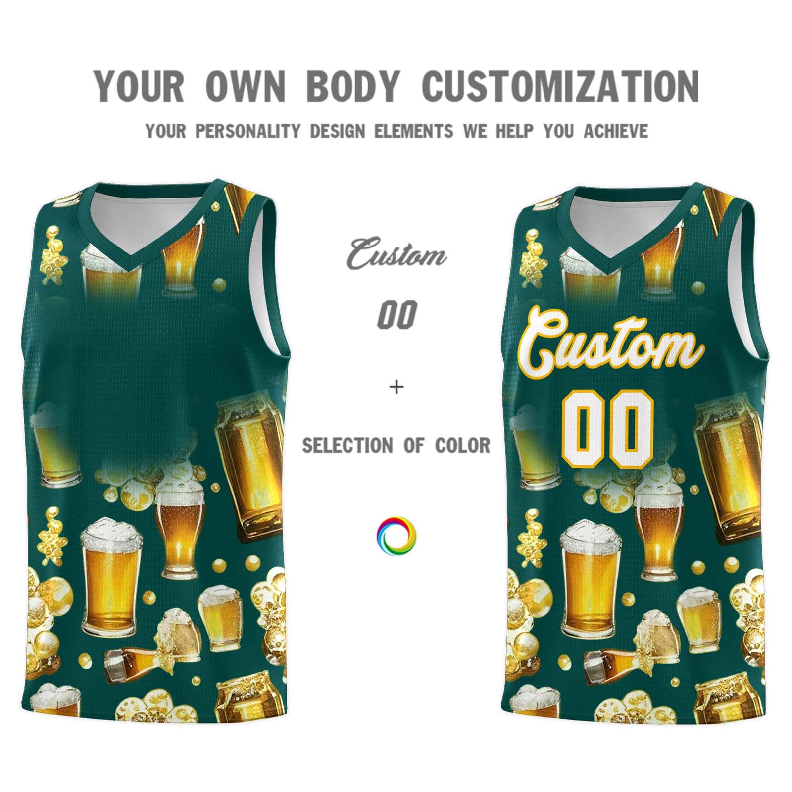 Custom Midnight Green National Beer Day Personalized Beer Bubble Basketball Jersey | Perfect for parties | Dye-sublimation printing | KXKSHOP