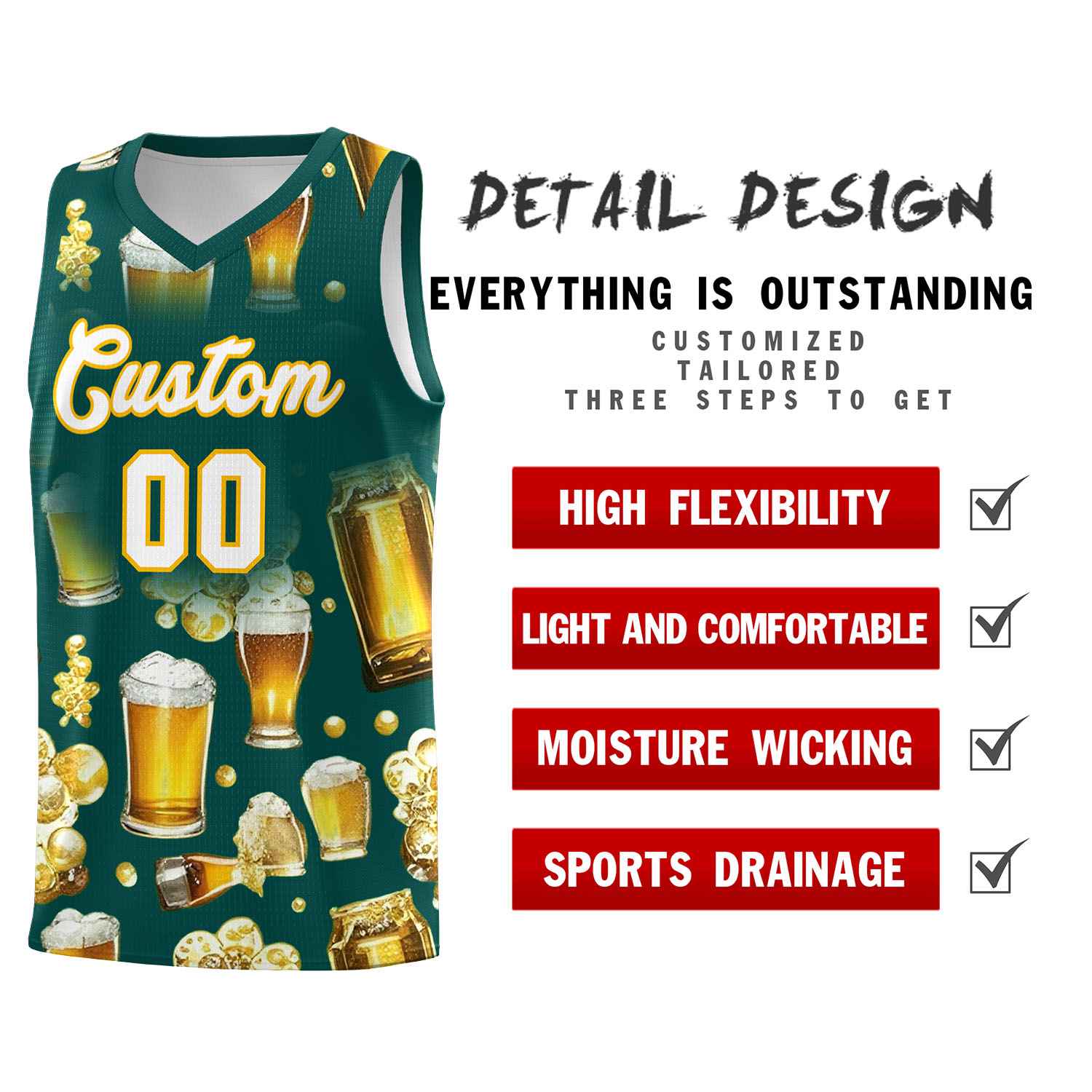 Custom Midnight Green National Beer Day Personalized Beer Bubble Basketball Jersey | Perfect for parties | Dye-sublimation printing | KXKSHOP