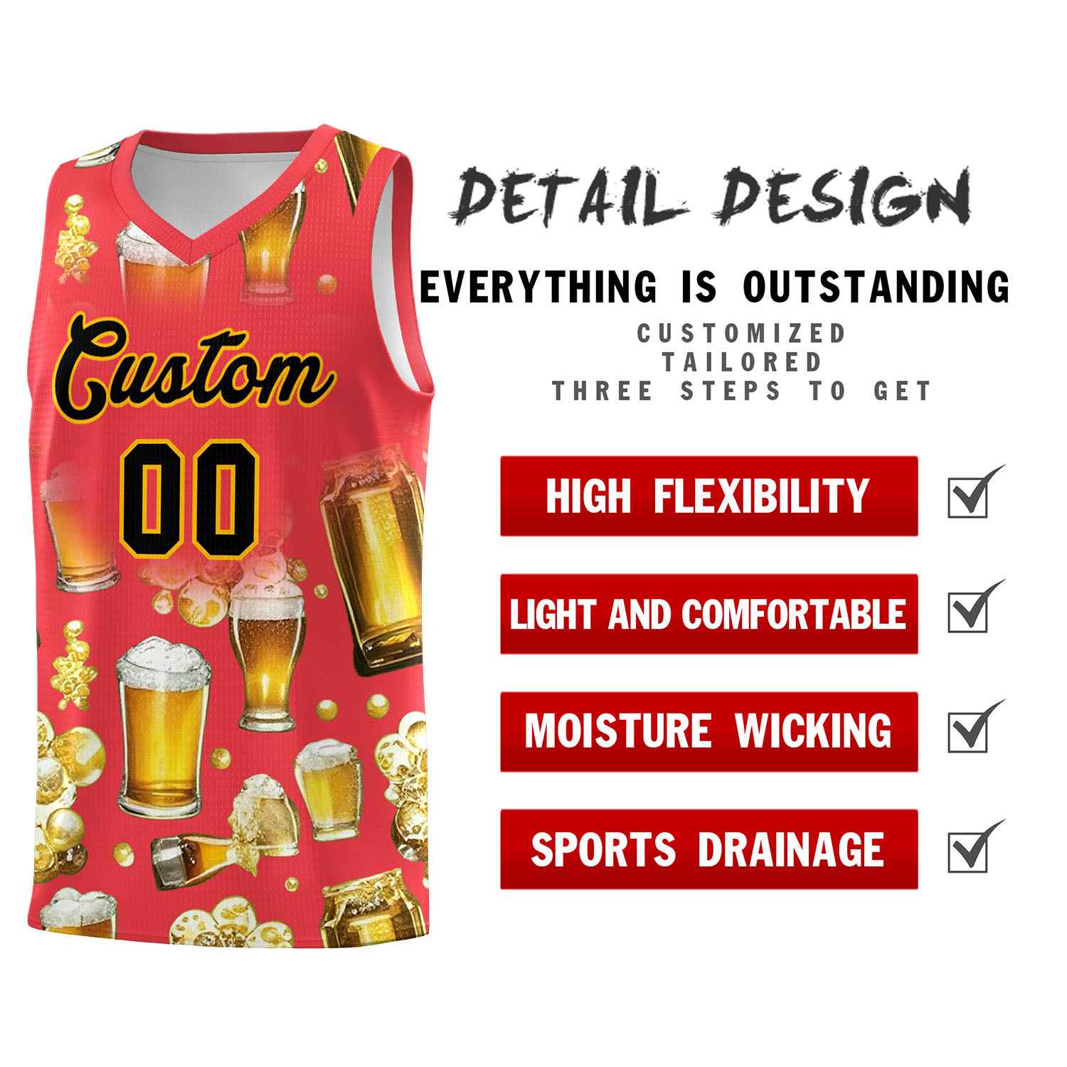 Custom Light Red National Beer Day Personalized Beer Bubble Basketball Jersey | Perfect for parties | Dye-sublimation printing | KXKSHOP