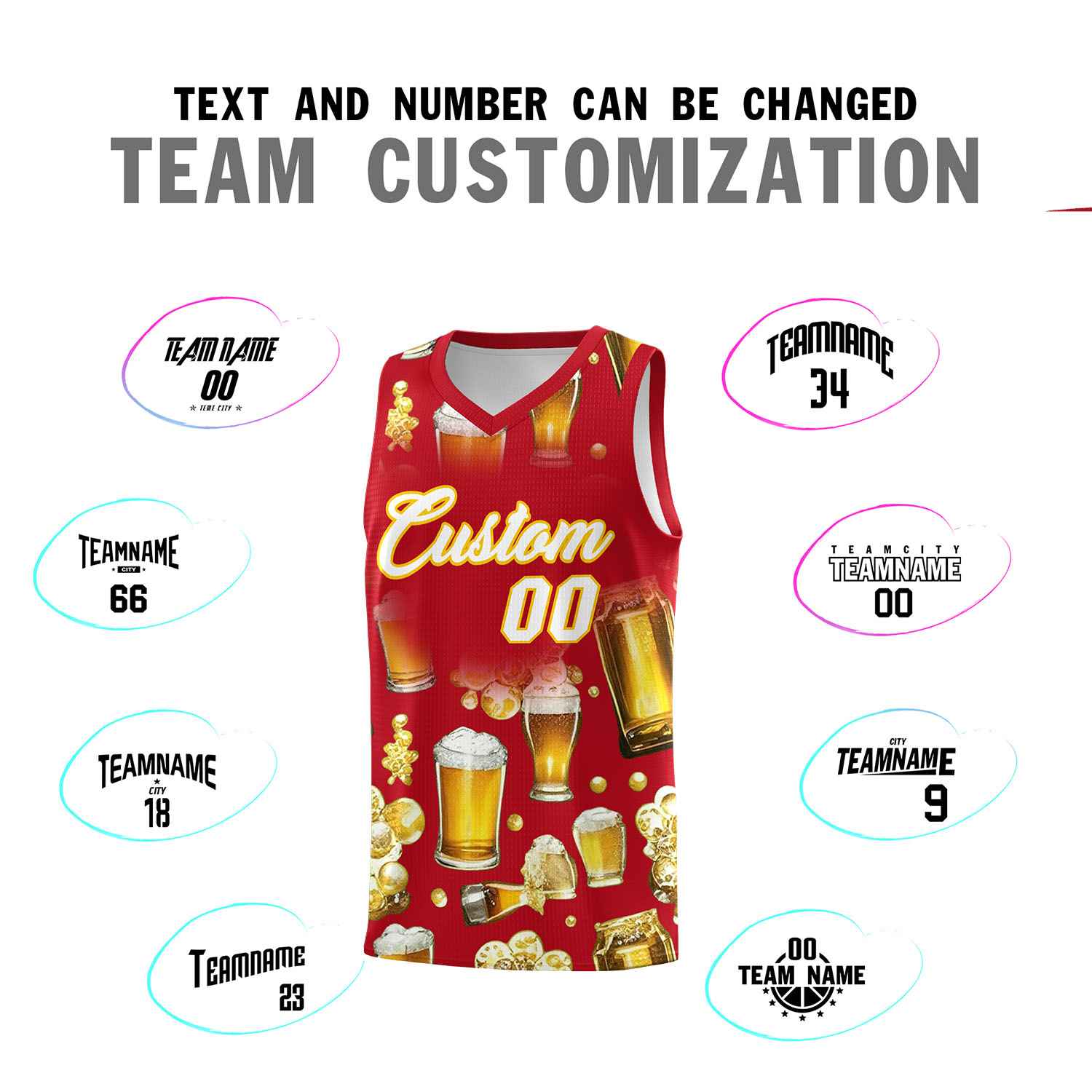 Custom Red National Beer Day Personalized Beer Bubble Basketball Jersey | Perfect for parties | Dye-sublimation printing | KXKSHOP