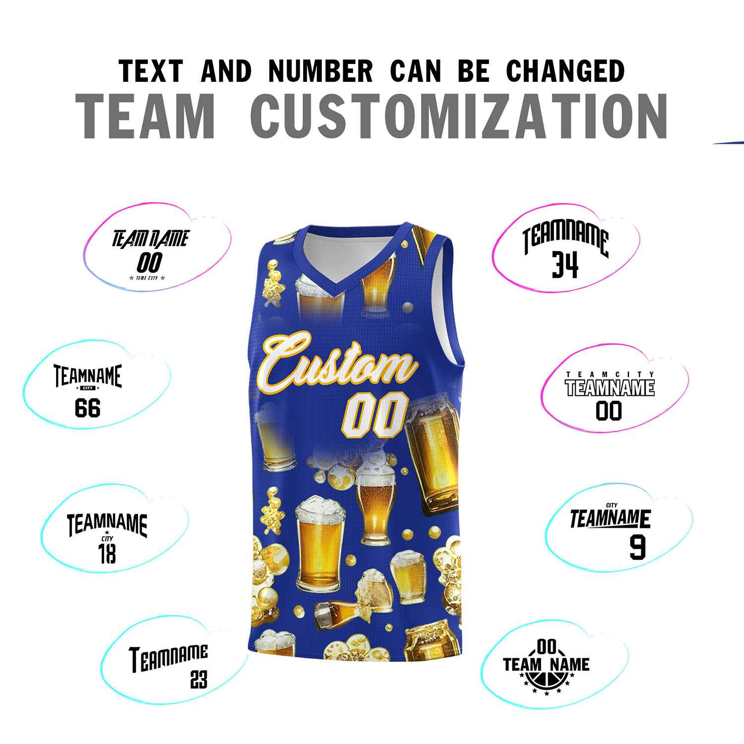 Custom Royal Blue National Beer Day Personalized Beer Bubble Basketball Jersey | Perfect for parties | Dye-sublimation printing | KXKSHOP