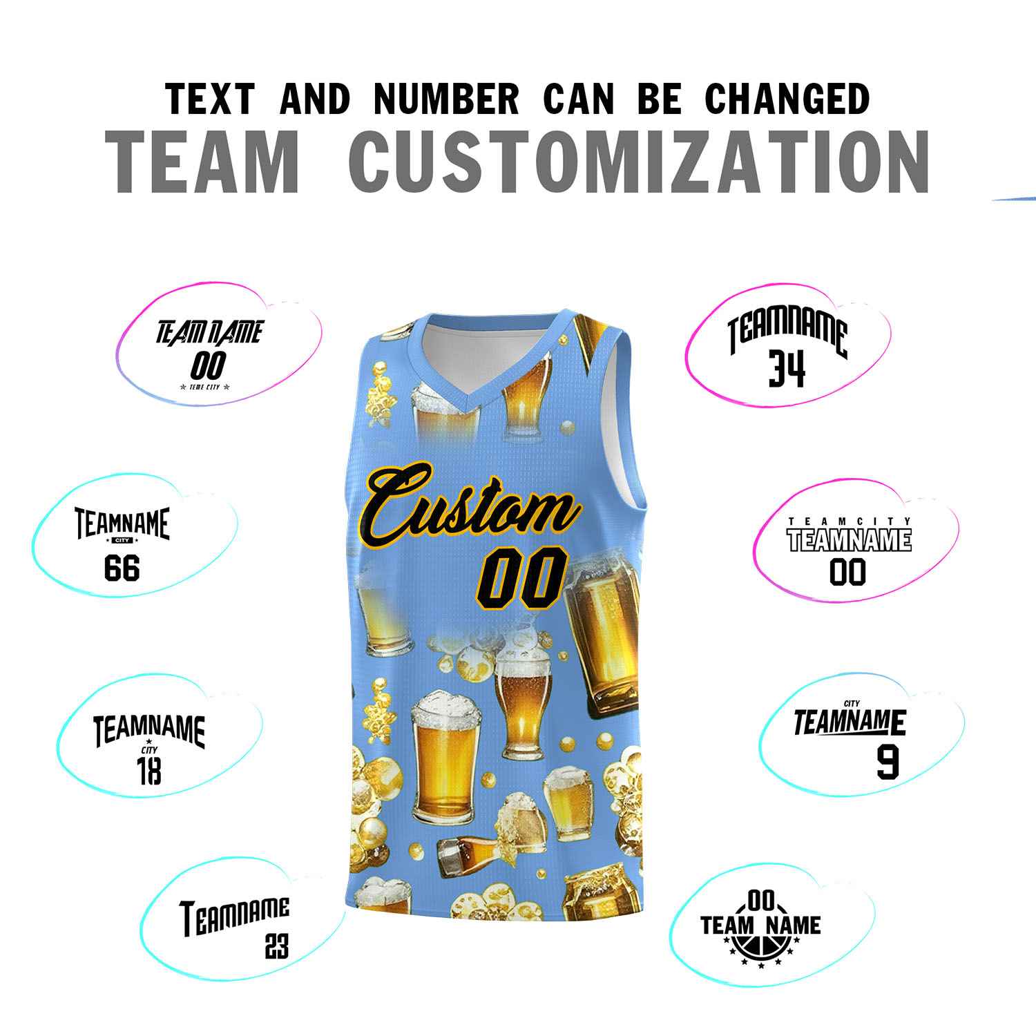 Custom Light Blue National Beer Day Personalized Beer Bubble Basketball Jersey | Perfect for parties | Dye-sublimation printing | KXKSHOP