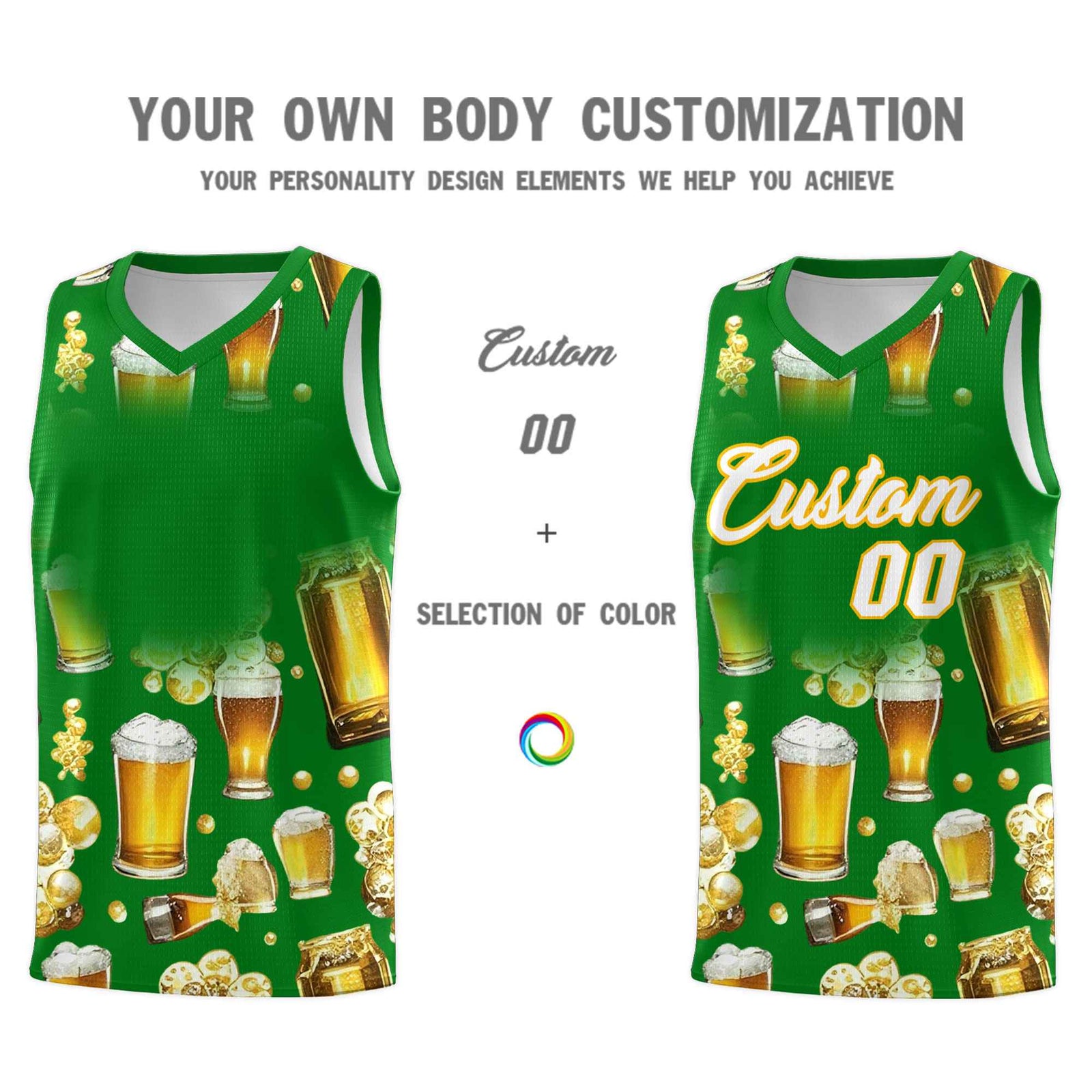 Custom Kelly Green-02 National Beer Day Personalized Beer Bubble Basketball Jersey | Perfect for parties | Dye-sublimation printing | KXKSHOP