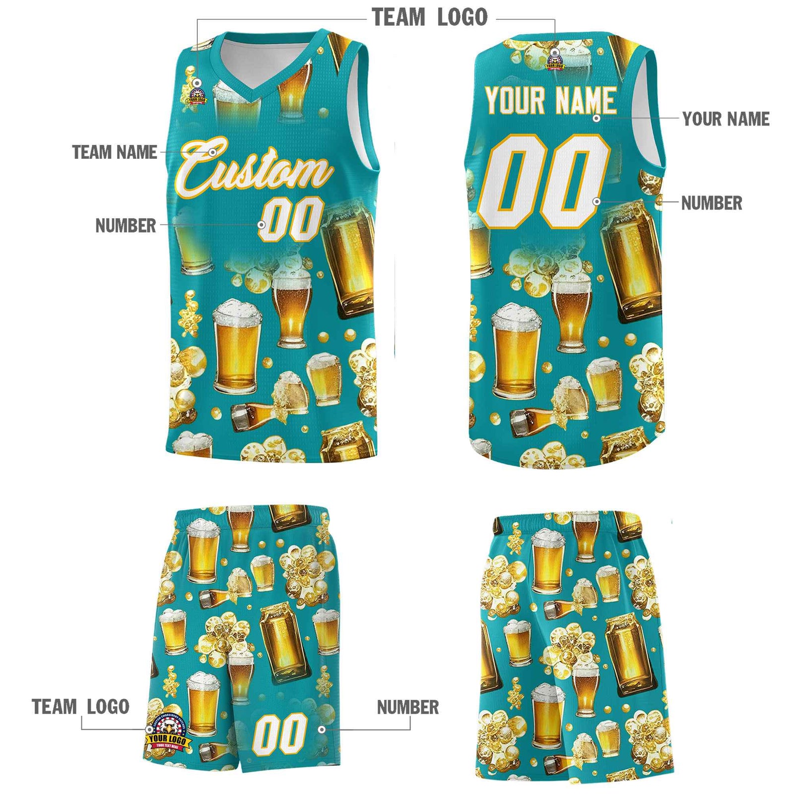 Custom Teal National Beer Day Personalized Beer Bubble Basketball Jersey | Perfect for parties | Dye-sublimation printing | KXKSHOP