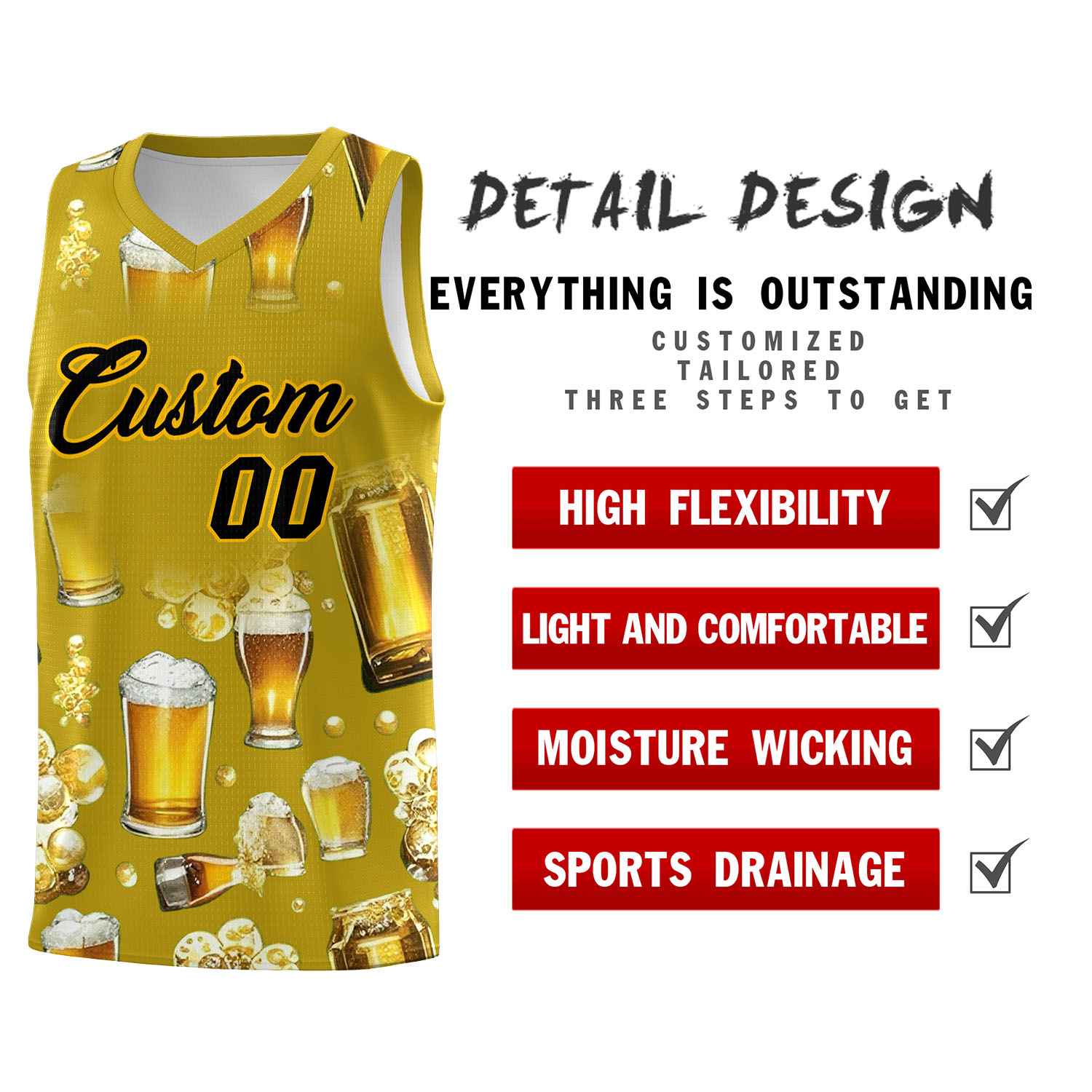 Custom Old Gold National Beer Day Personalized Beer Bubble Basketball Jersey | Perfect for parties | Dye-sublimation printing | KXKSHOP